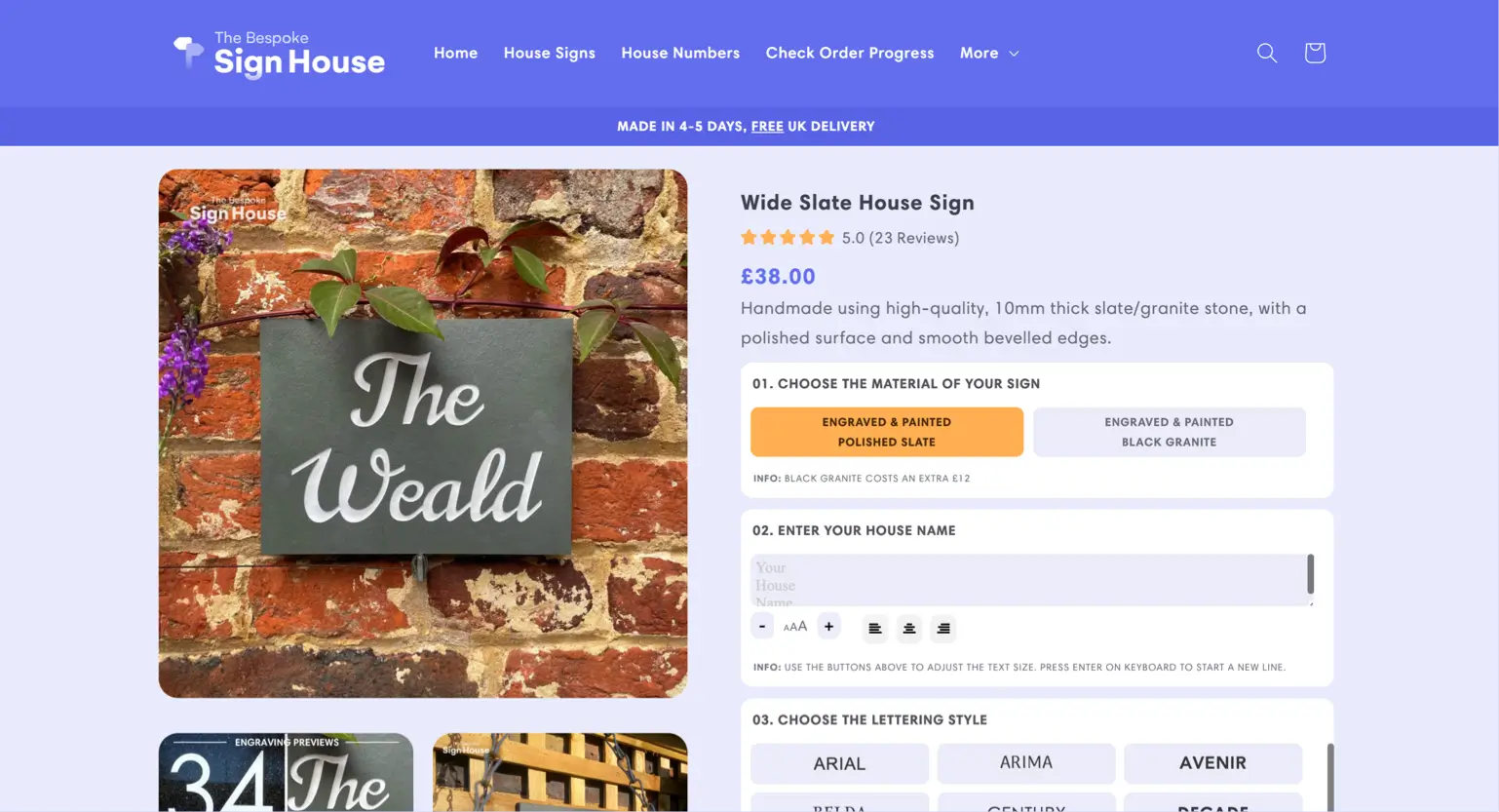 A screenshot of a webpage from "The Bespoke Sign House" displaying a product listing for a "Wide Slate House Sign" priced at £38.00.