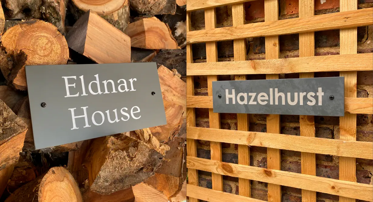 A split image showing two slate house signs: “Eldnar House” mounted against a stack of chopped wood and “Hazelhurst” fixed to a wooden trellis with a brick wall in the background.