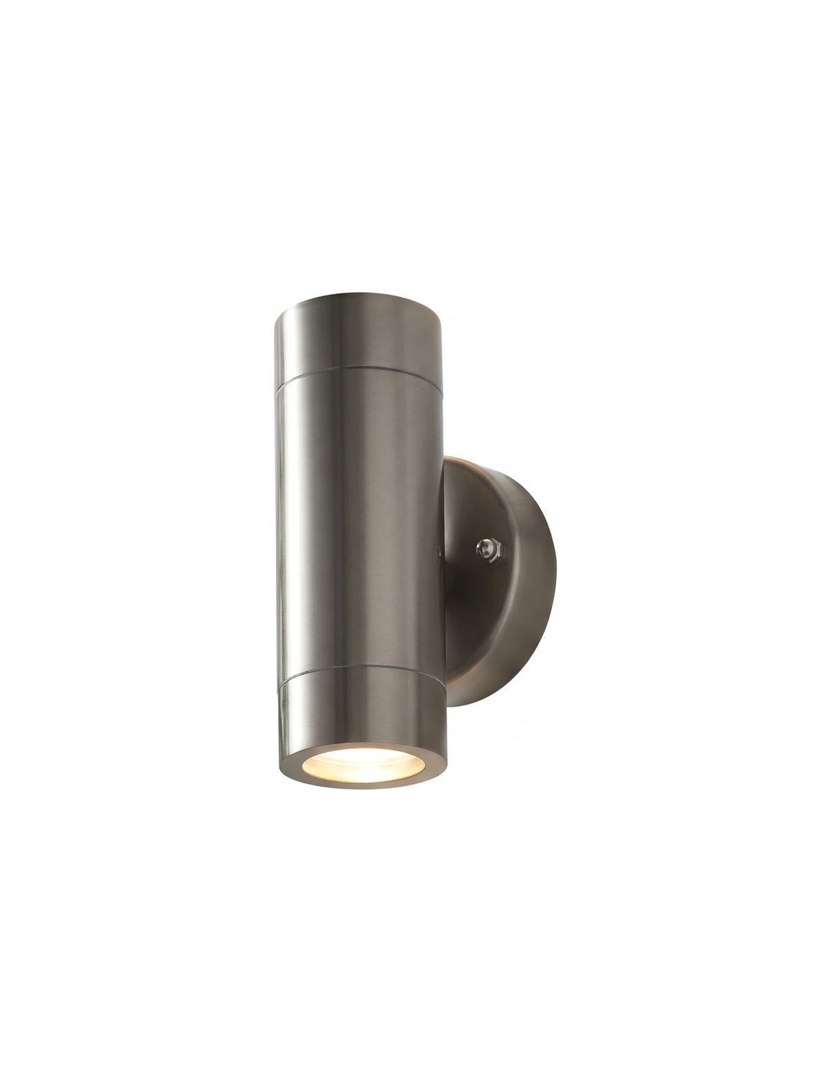 Sleek stainless steel outdoor wall light with up-and-down illumination, casting warm light against a textured grey wall.