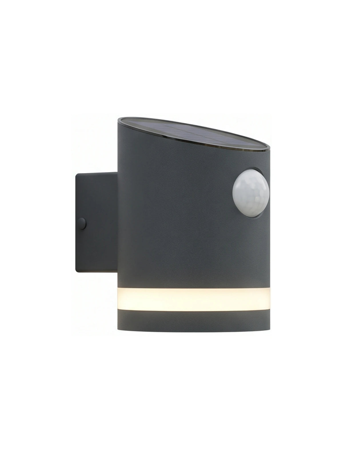 A black solar powered sensor outdoor wall light mounted on a wooden wall, with a visible solar panel on top and a sensor module.