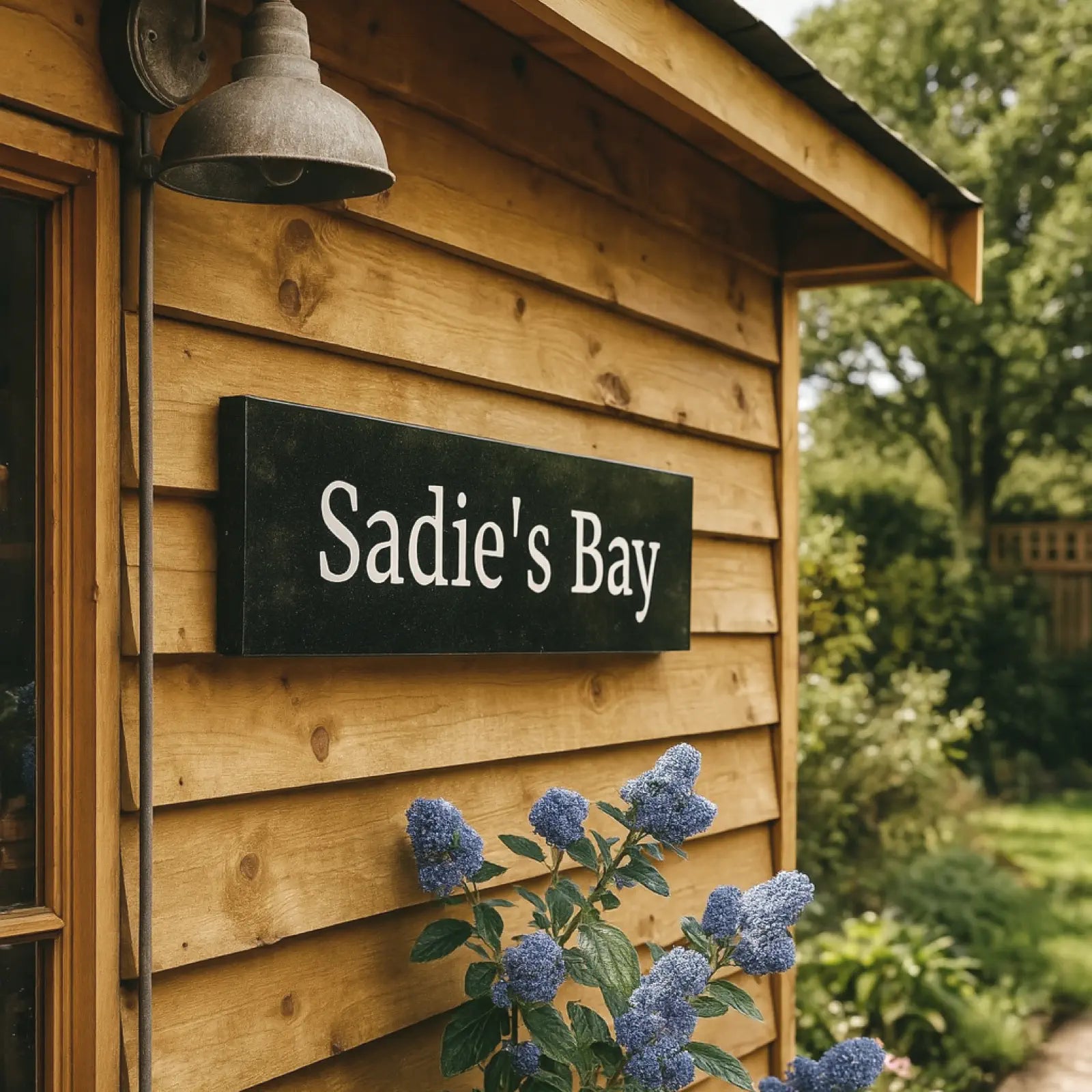 A black granite house sign with white text reading 'Sadie's Bay', mounted on a wooden lattice with purple flowers in the foreground.