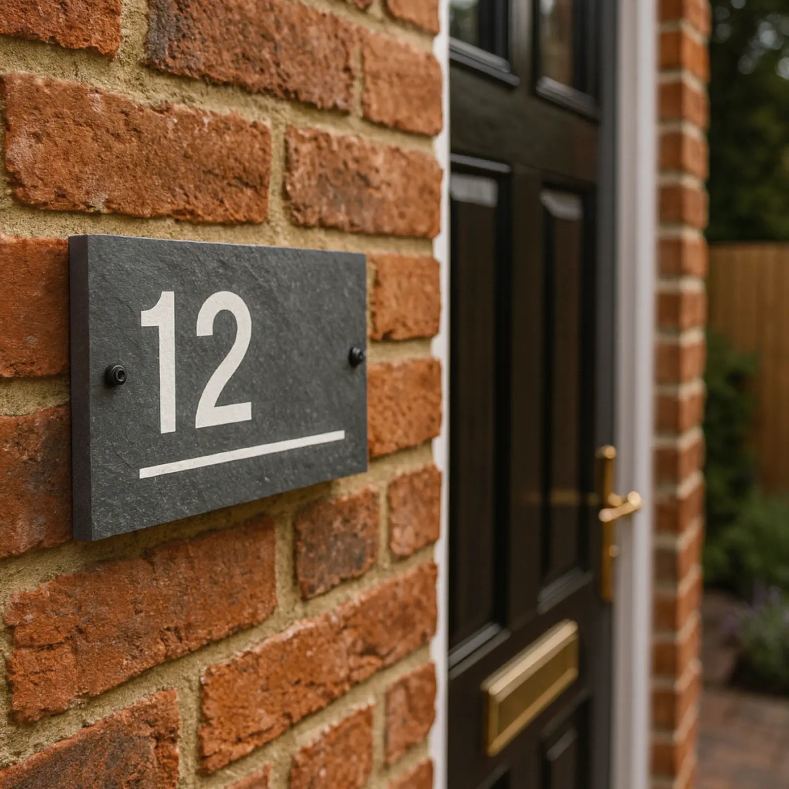 House number '12' on a dark slate plaque attached to a brick wall next to a door.