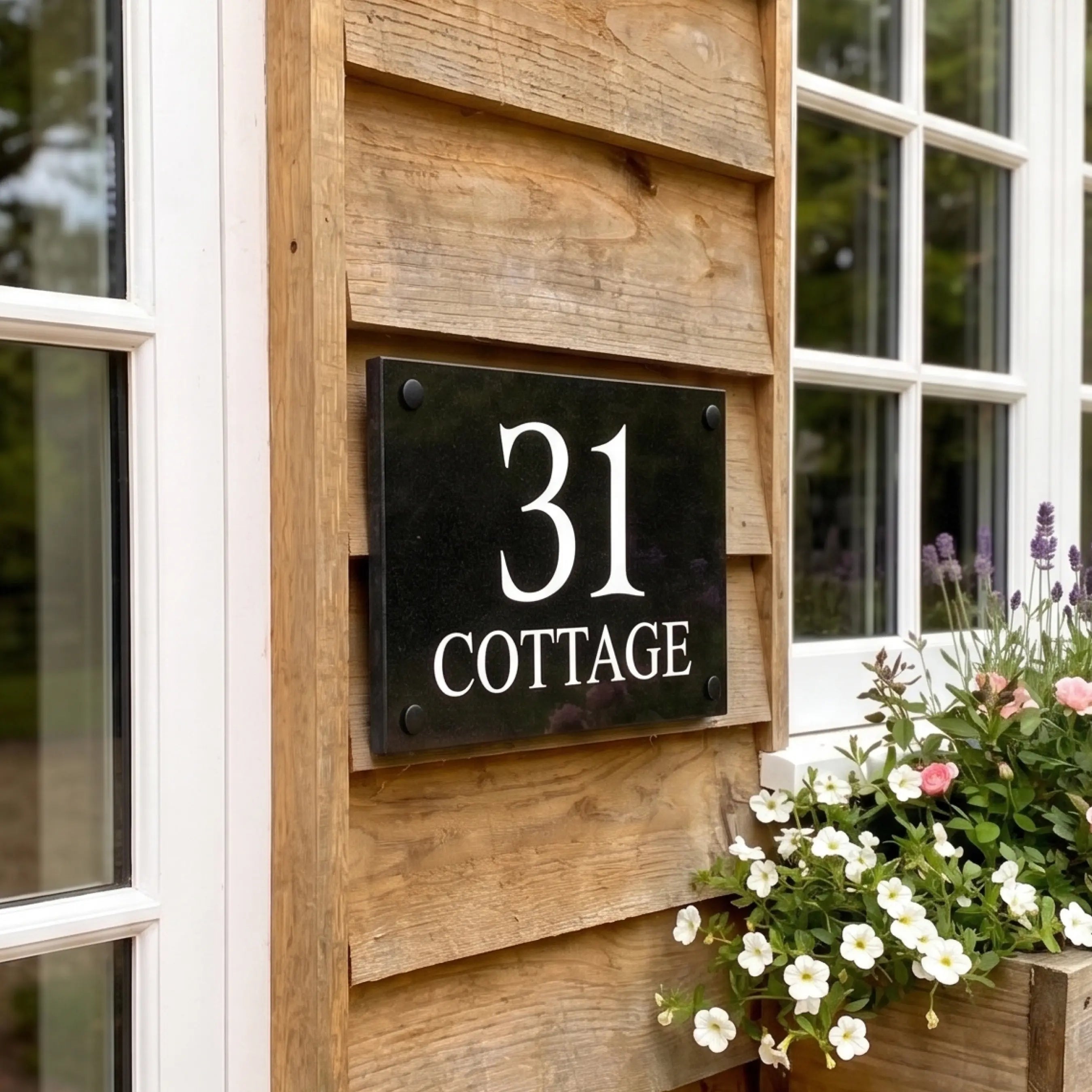 A black granite house sign with the text "COTTAGE 31" in white letters, placed on a windowsill next to a wooden wall. To the right of the sign is a wooden planter box with white flowers. In the top right corner, the text "The Bespoke Sign House" is displayed. Reflections of trees can be seen in the window glass.