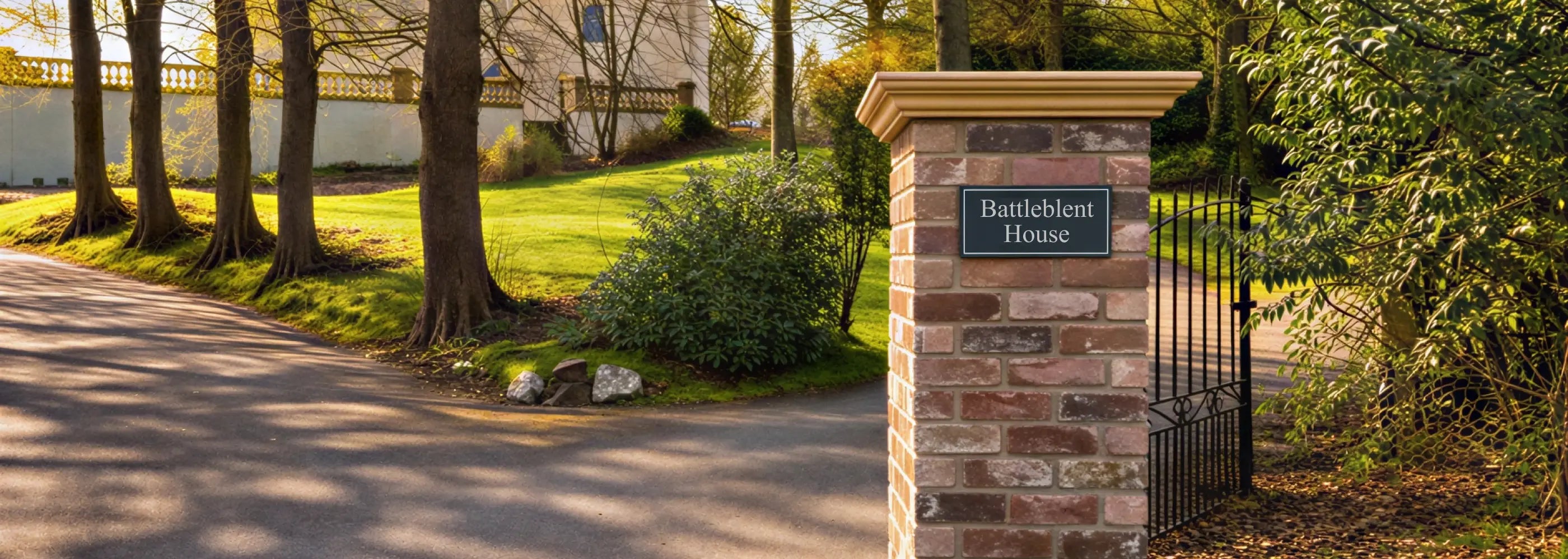 Brick gatepost with 'Bathfield House' sign in a driveway lined with trees.