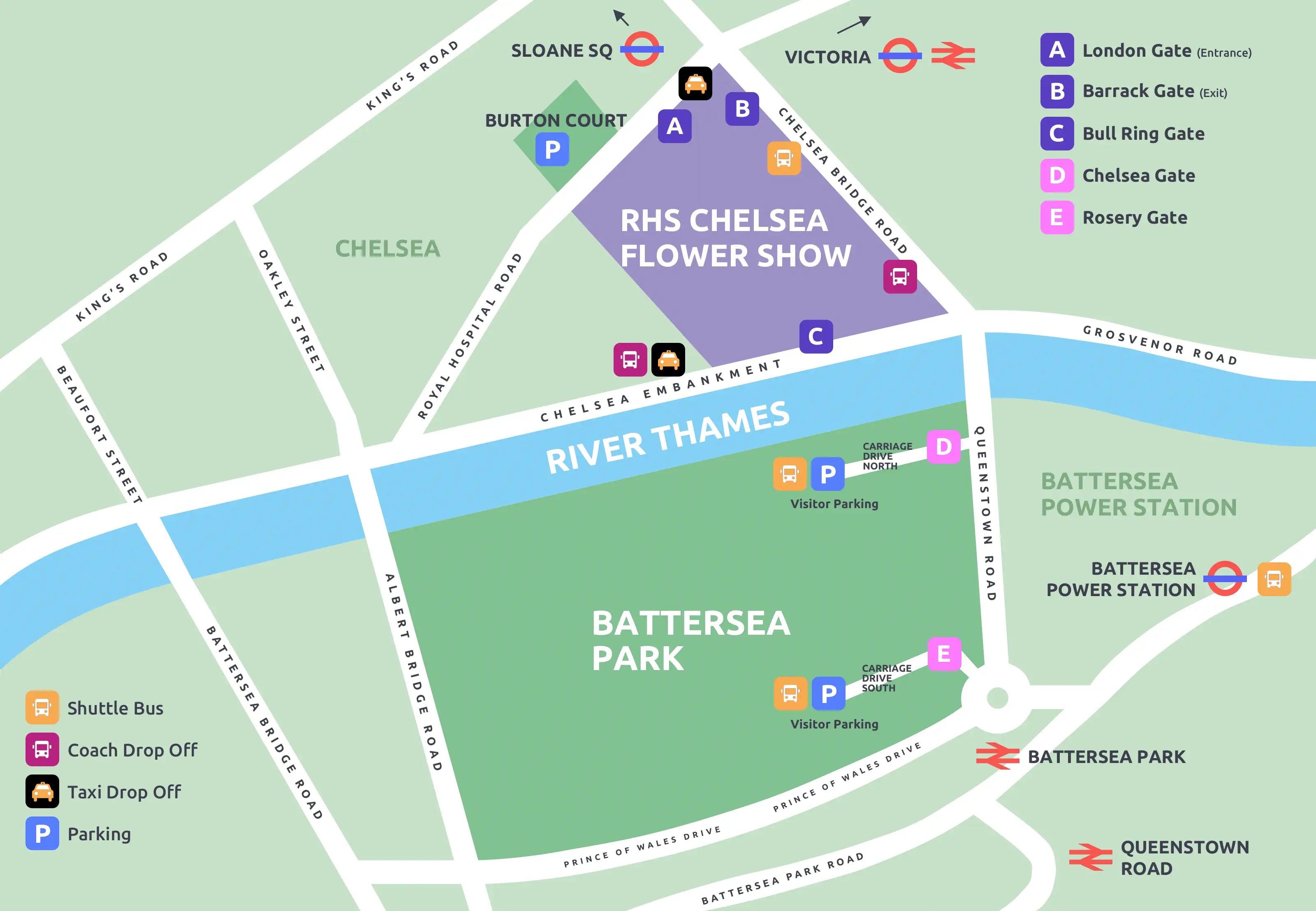 Map of Chelsea Flower Showground and Battersea Park showing entrance points and parking