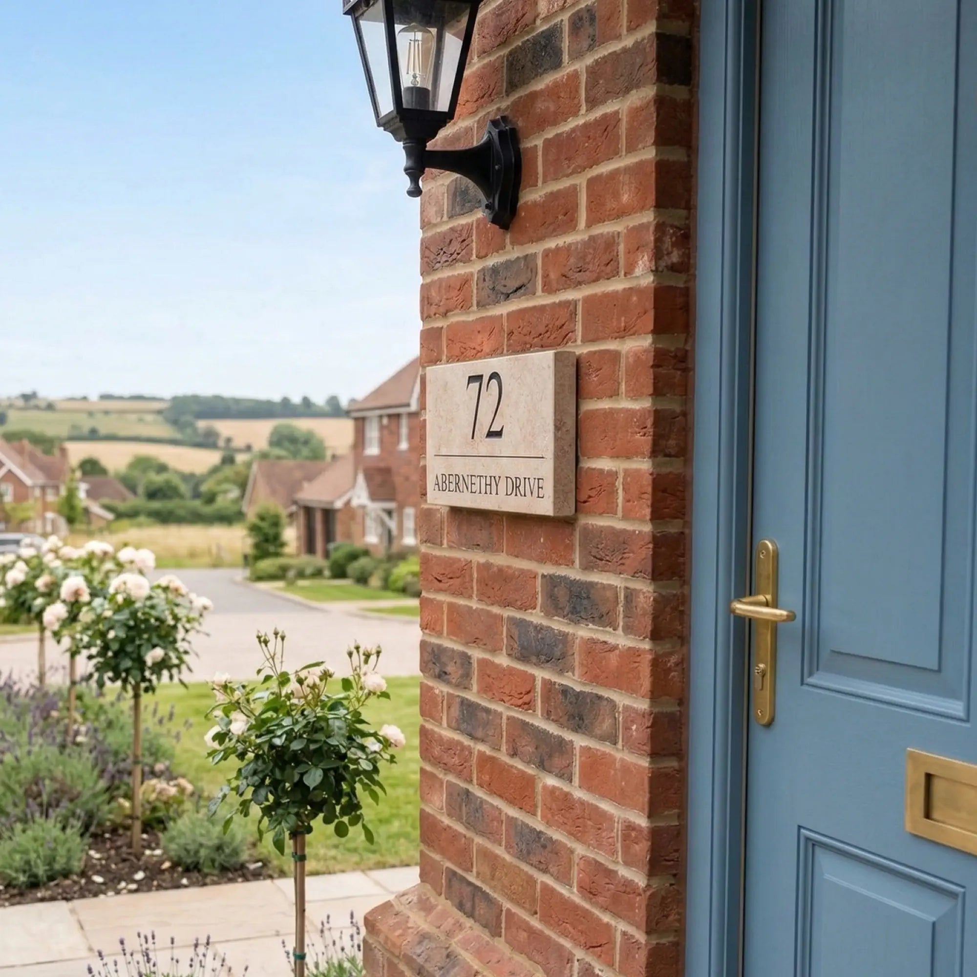 Blue door with house number 72 on a brick wall, garden visible in the background