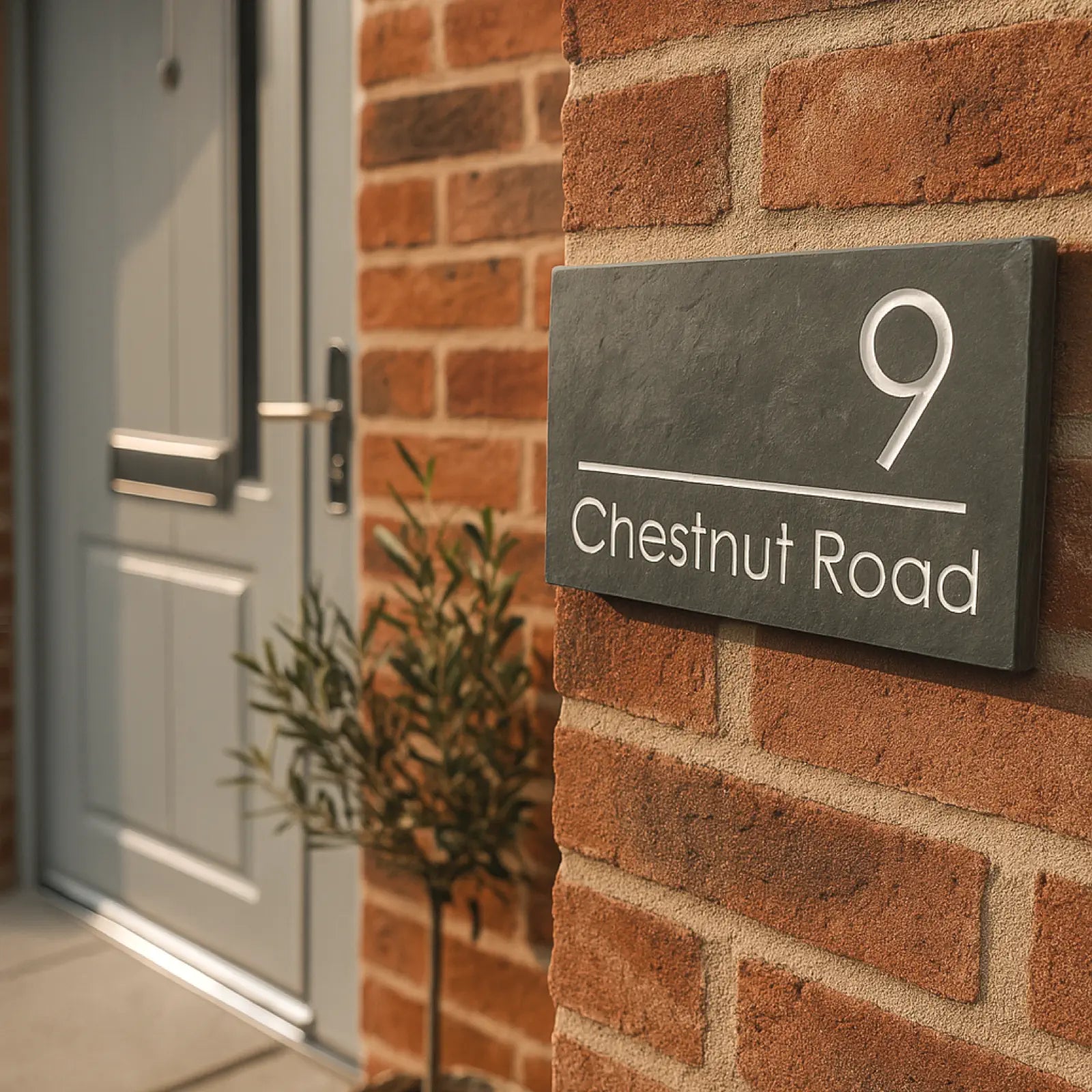 House number sign '9 Chestnut Road' on a brick wall next to a door.
