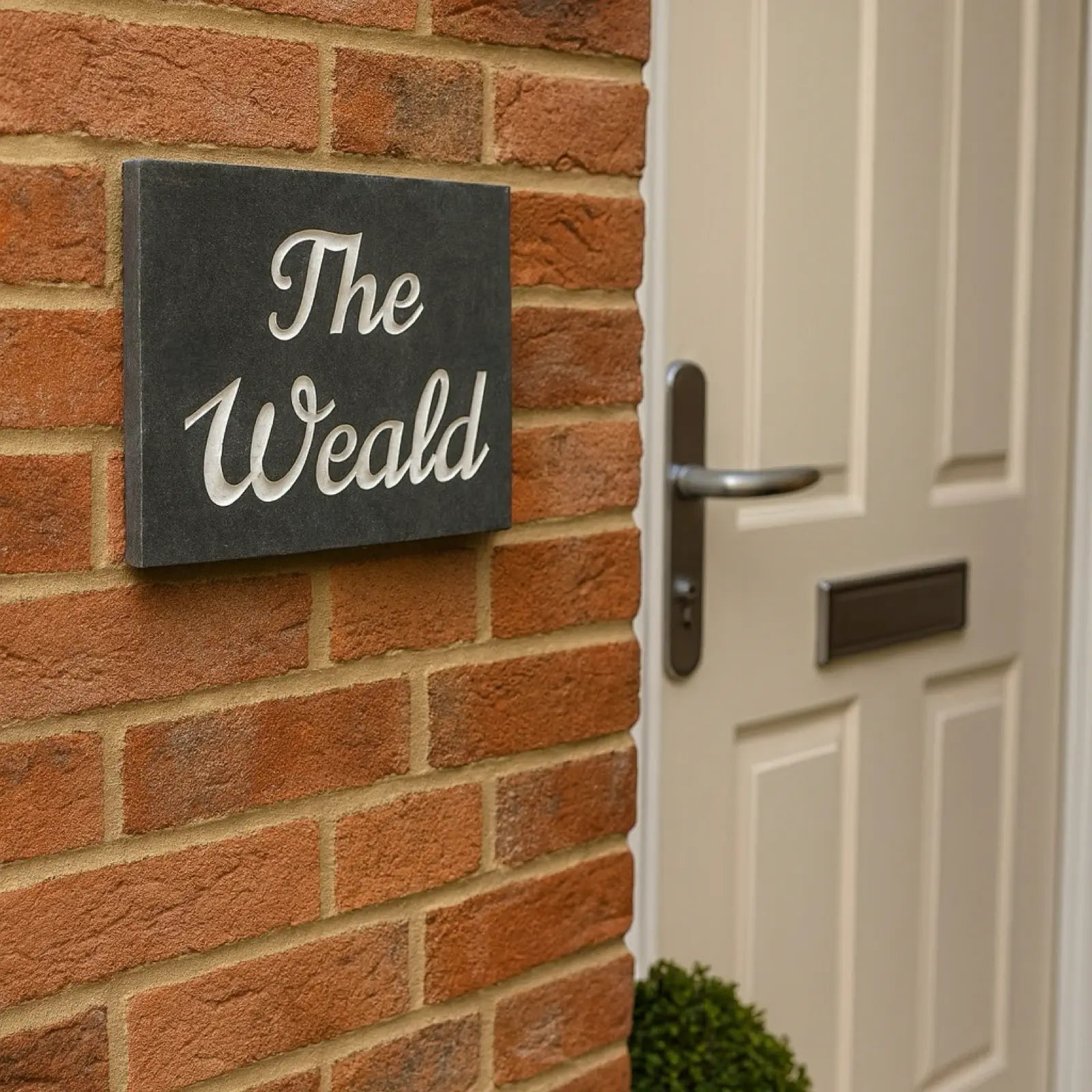 a grey slate house sign on a red brick wall reading The Weald.