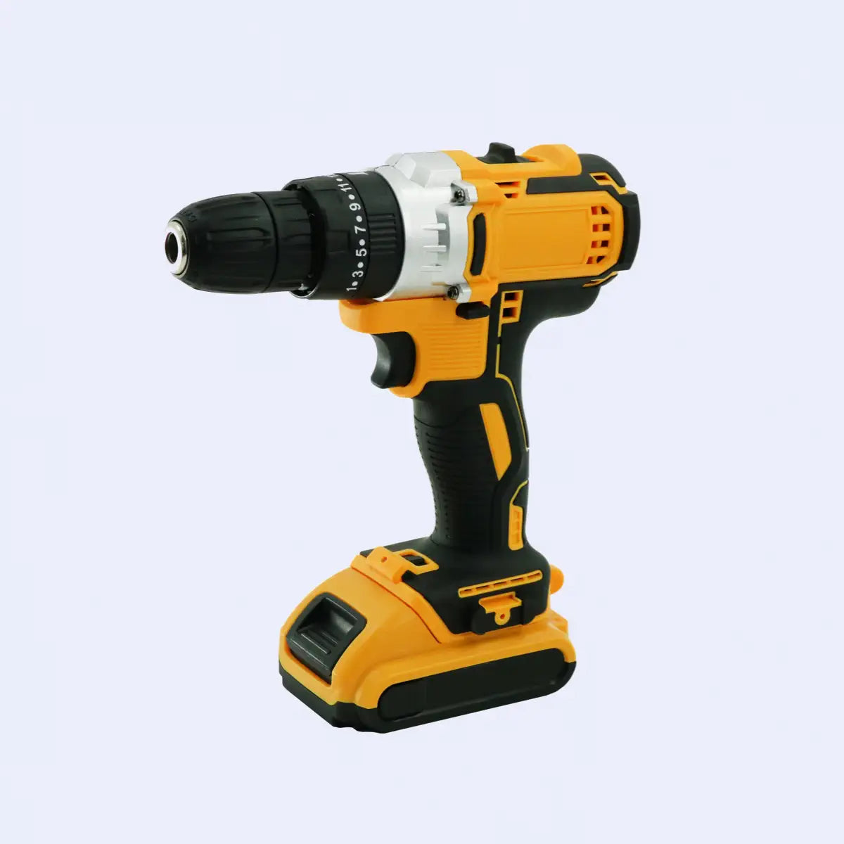 Yellow and black cordless drill on a light gray background