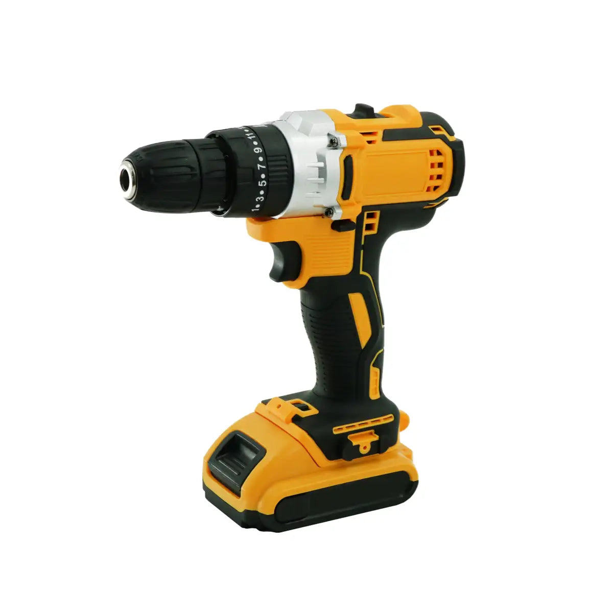 Yellow and black cordless drill on a light gray background