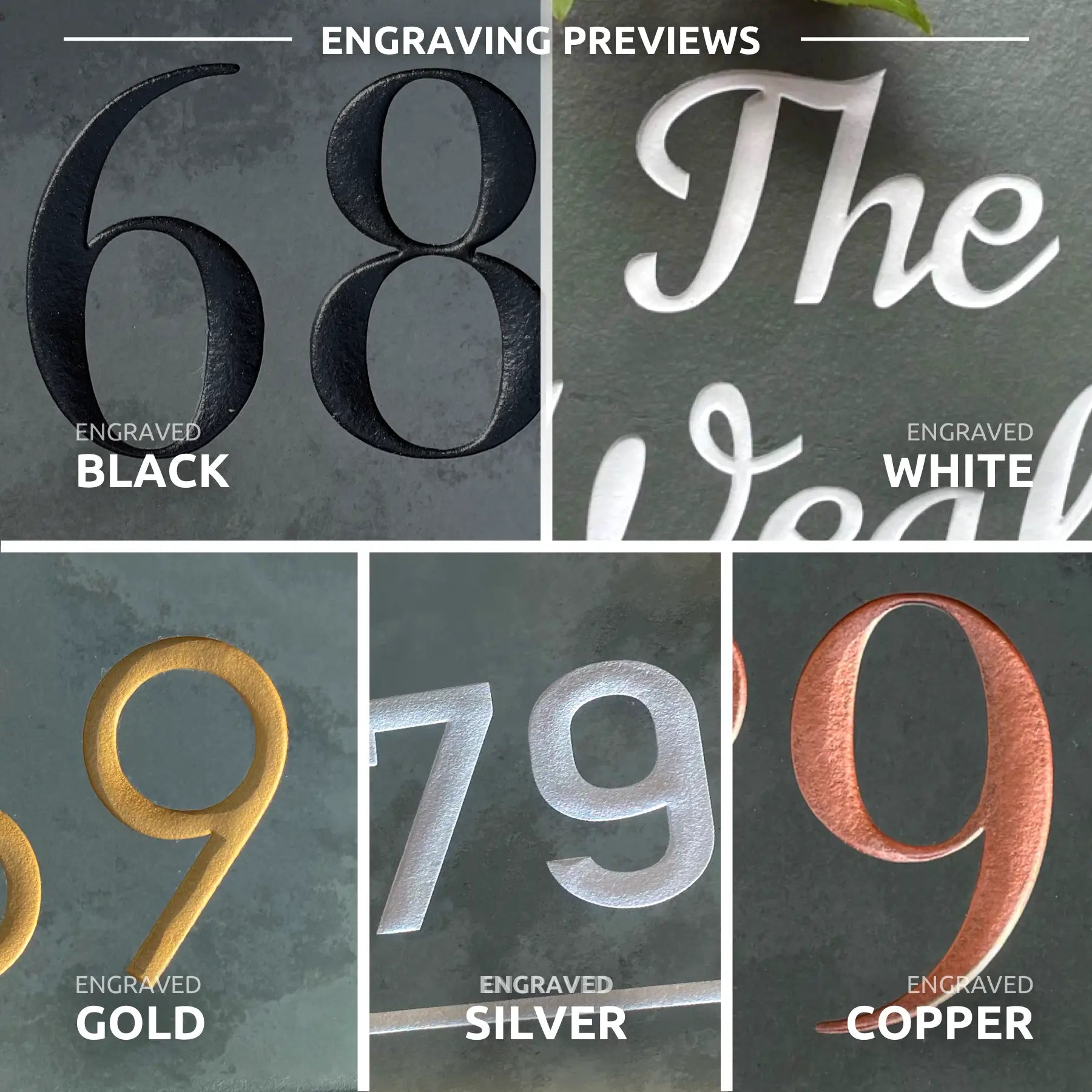 Engraving colour previews: black, white, gold, silver, copper examples on slate house signs