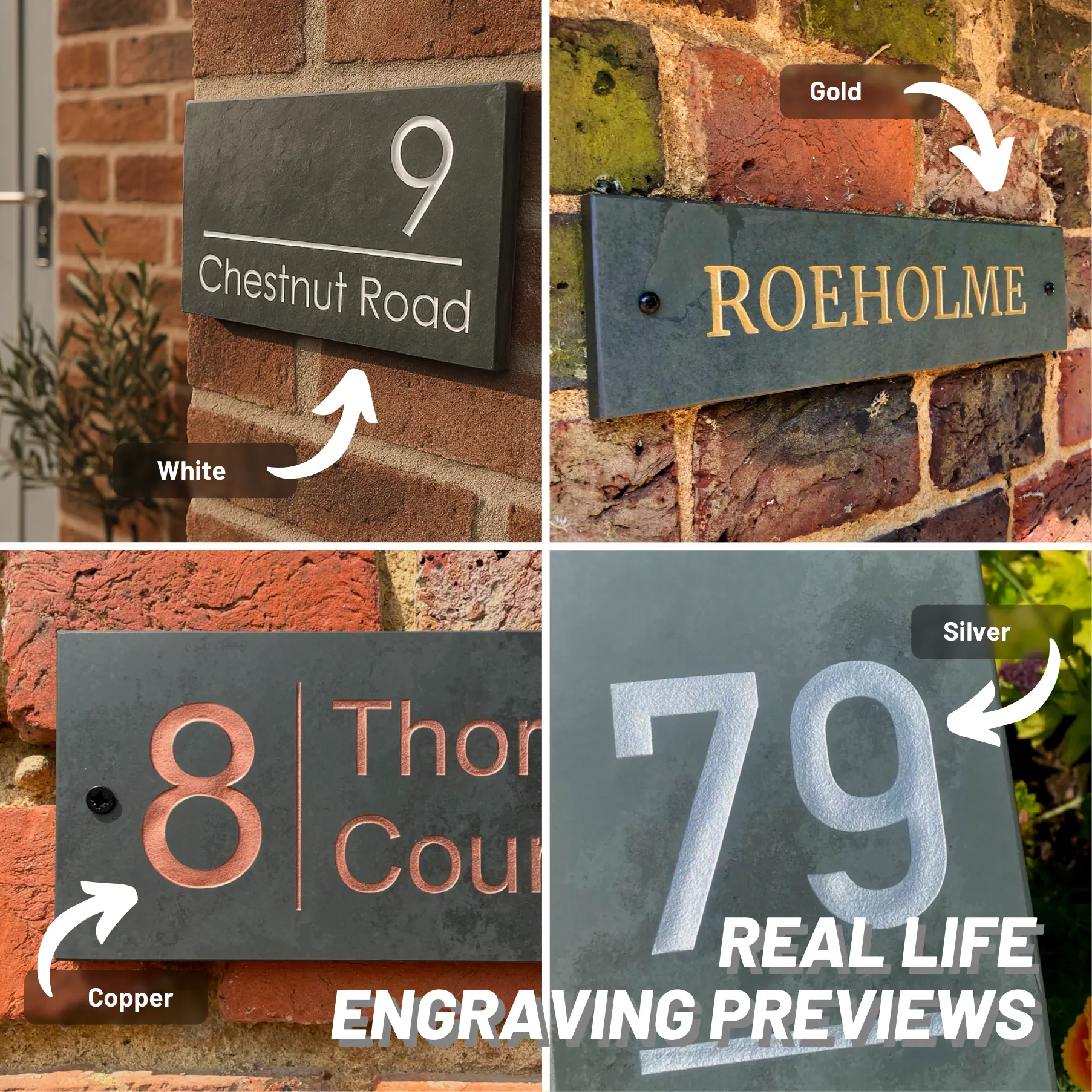 Engraving colour previews: black, white, gold, silver, copper examples on slate house signs