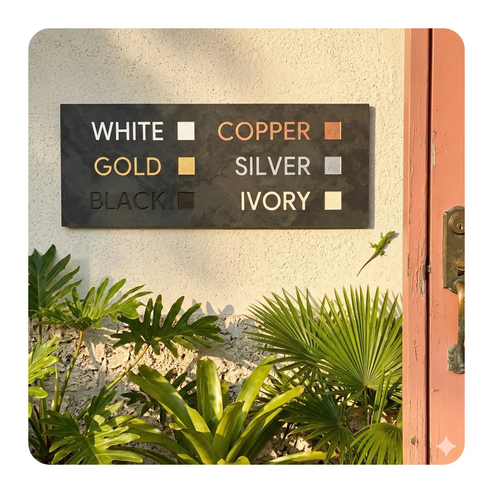 Color swatch card with color options on a textured wall with plants