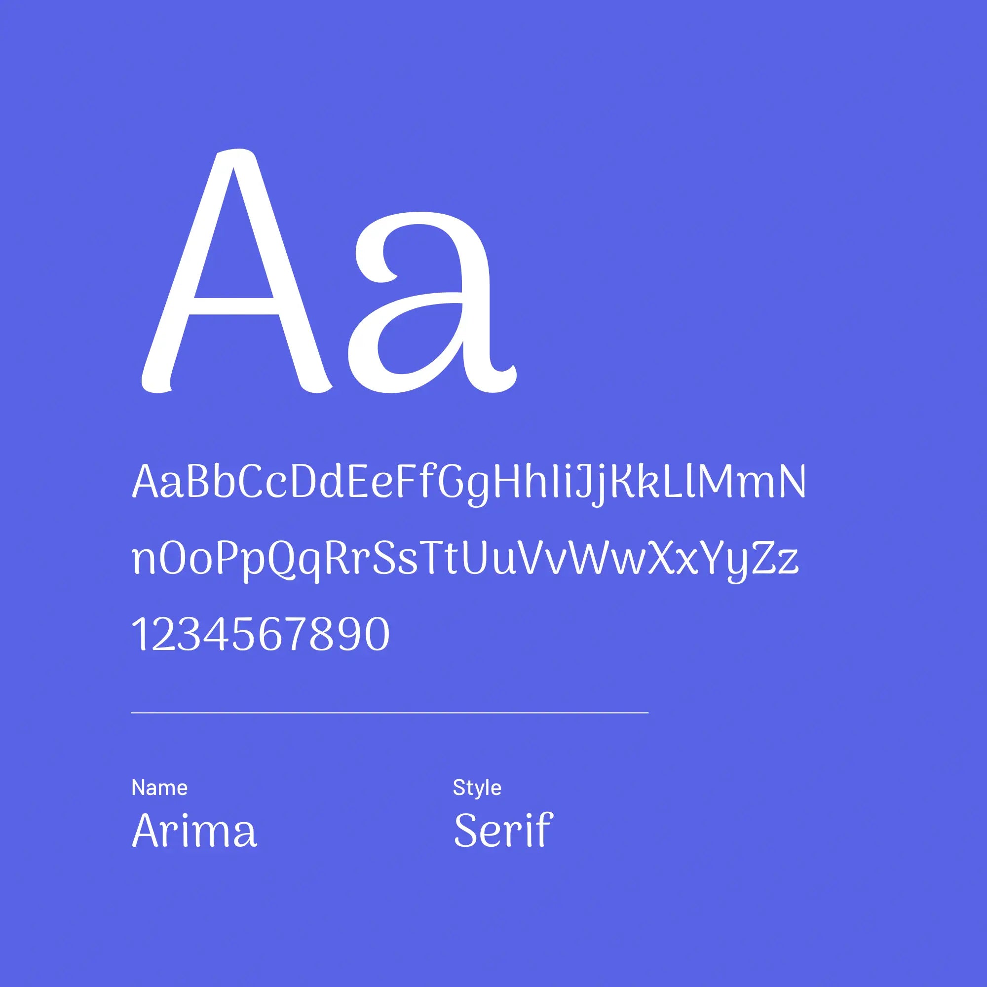 Display of the Arima serif font on a blue background with letters and numbers.
