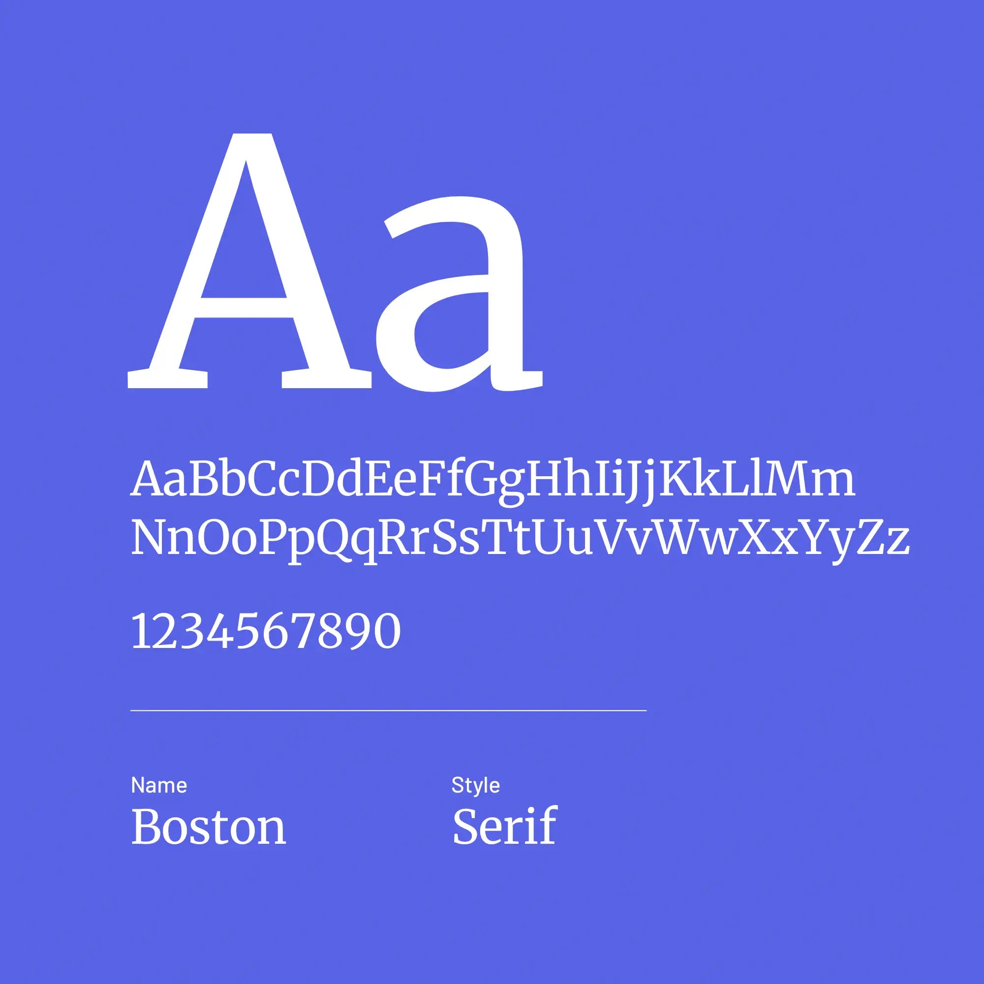 Display of the Boston serif font on a blue background with letters and numbers.