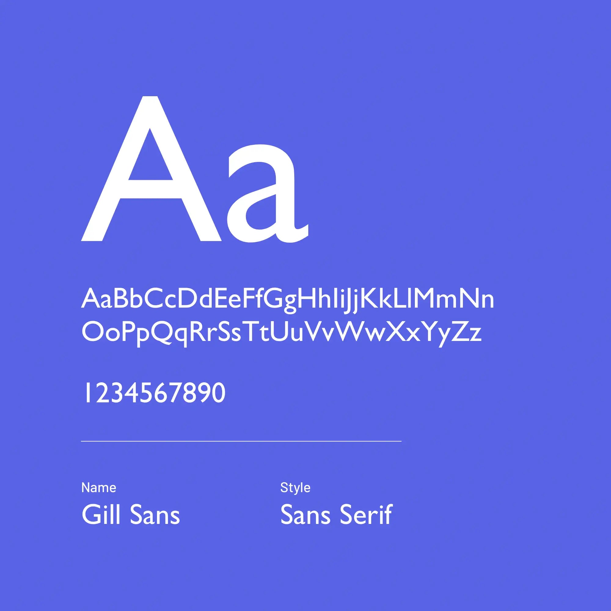 Gill Sans typeface display on a blue background with letters, numbers, and text.