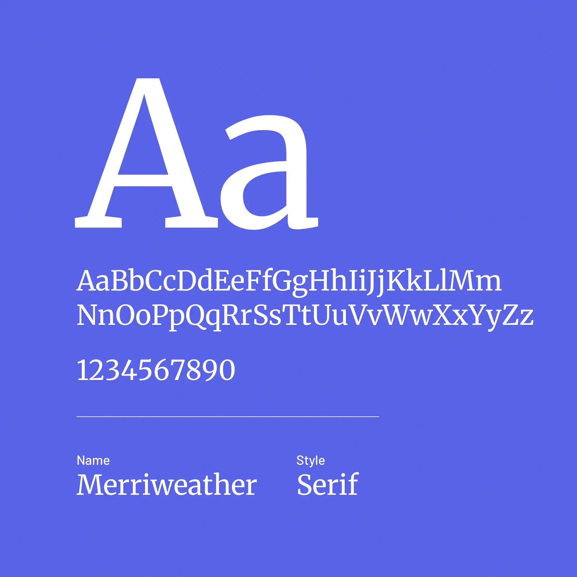 Display of the Merriweather serif font on a blue background with letters and numbers.