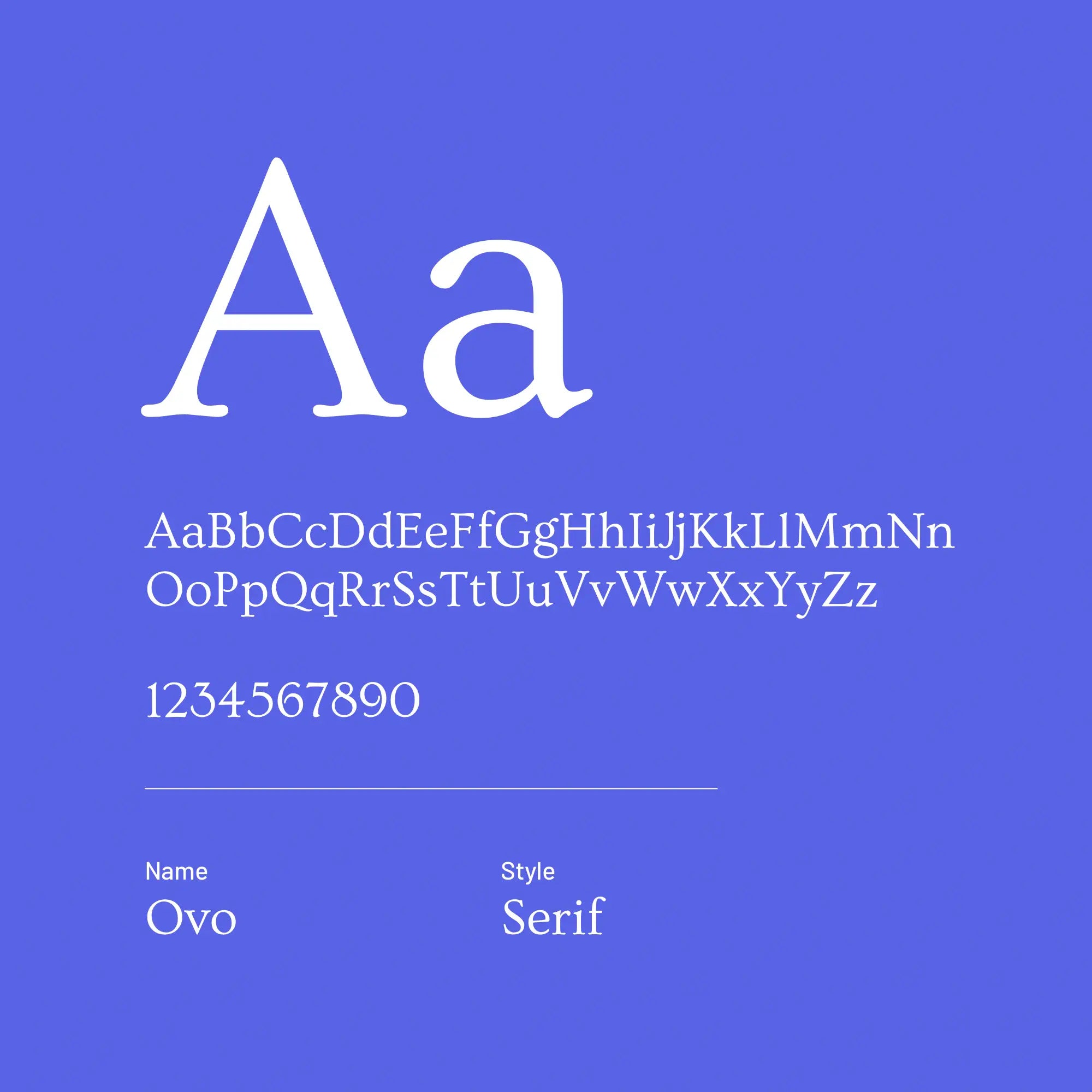 Display of the Ovo serif font on a blue background with letters, numbers, and the font name and style.