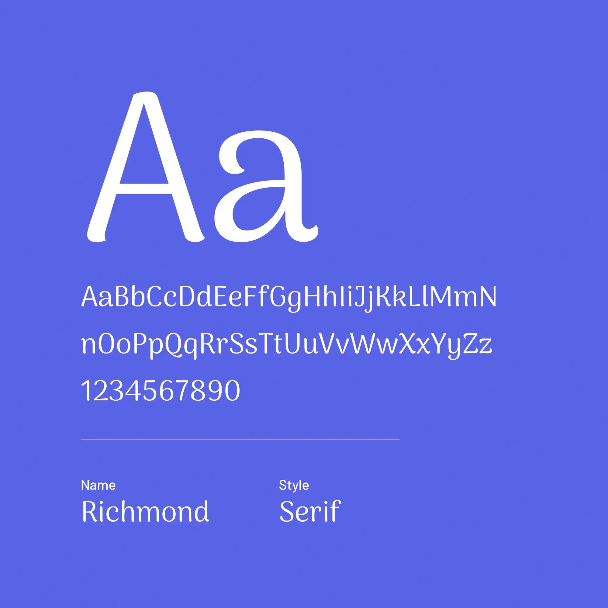 Display of the Richmond serif font on a blue background with letters and numbers.
