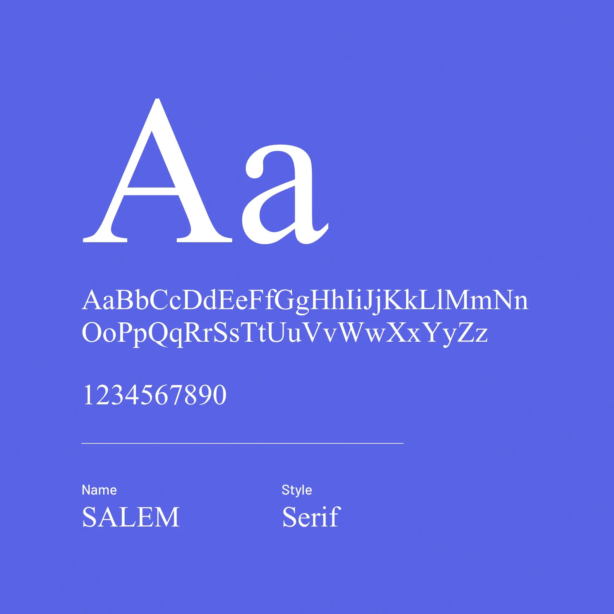 Salem serif font on a blue background with letters and numbers.