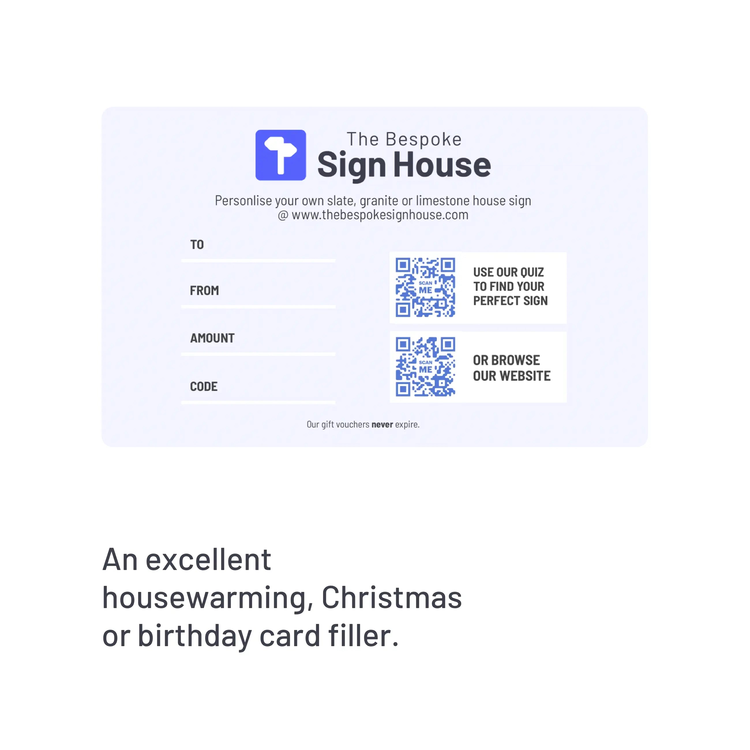 Promotional card for The Bespoke Sign House with a QR code and website URL on a light blue background.