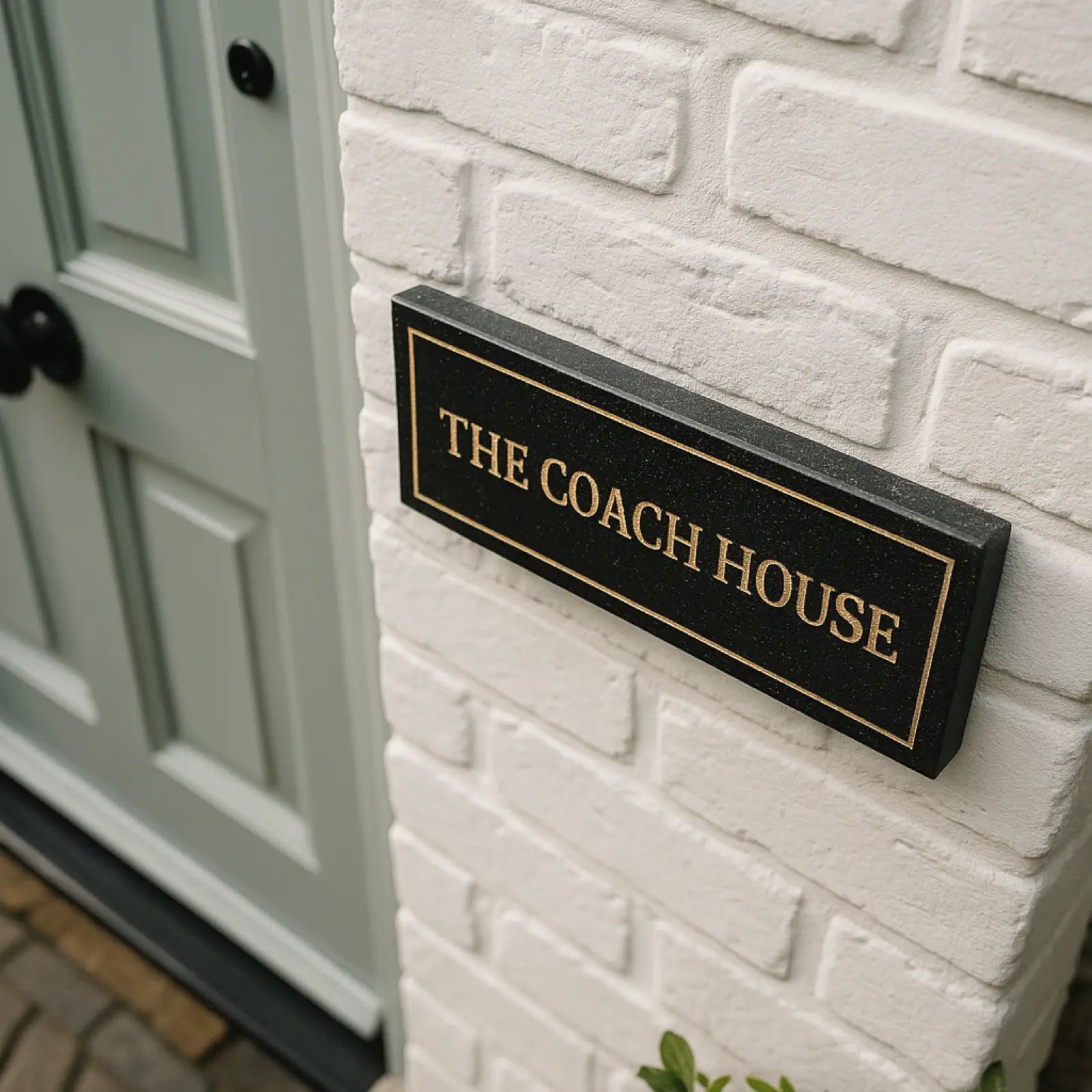 A granite house sign engraved with the word 'frensham green' displayed on brick wall of a house.