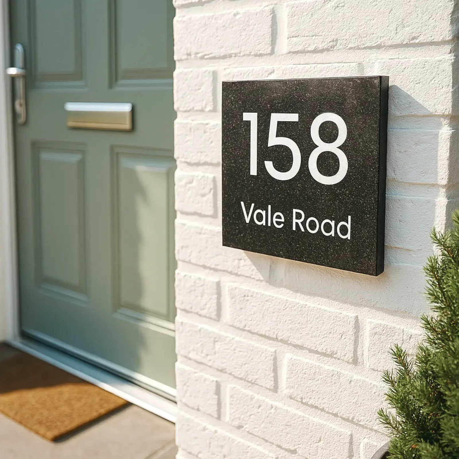 a black granite house sign with 158 vale road engraved and painted white. the sign is balancing on cut up logs