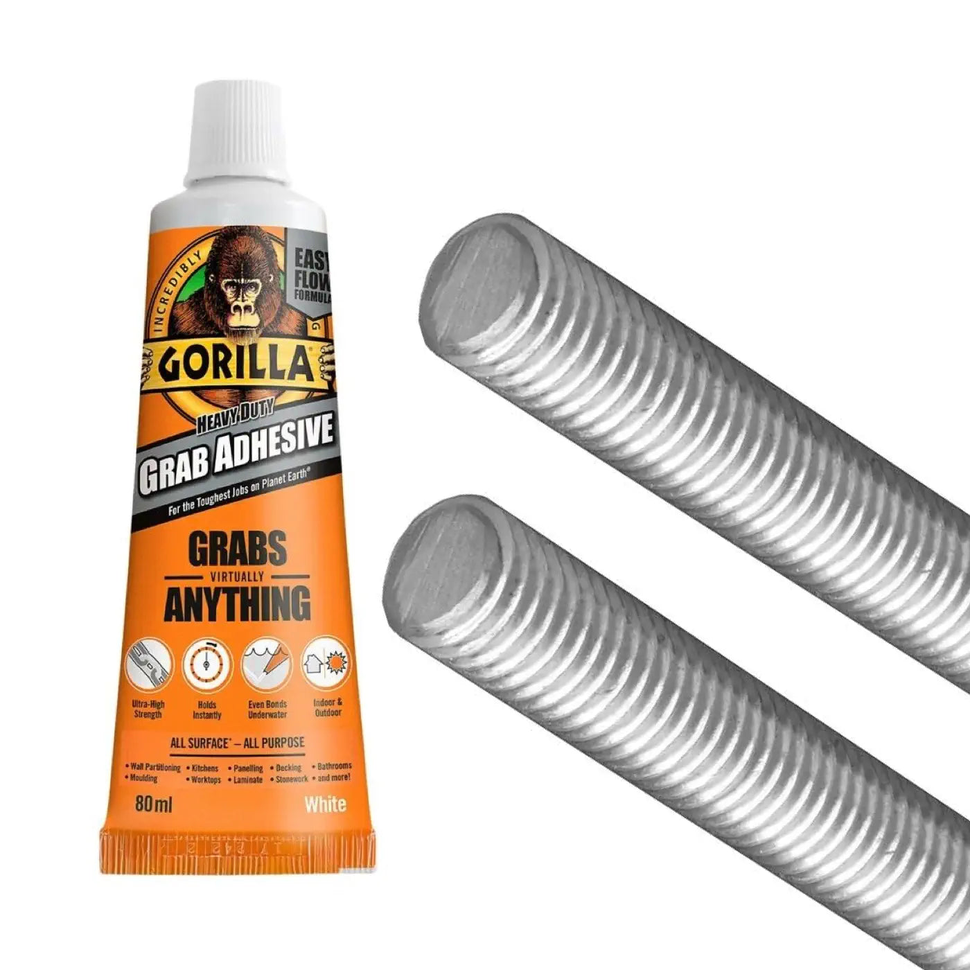 two threaded steel grey rods and one small super glue tubes on a grey background