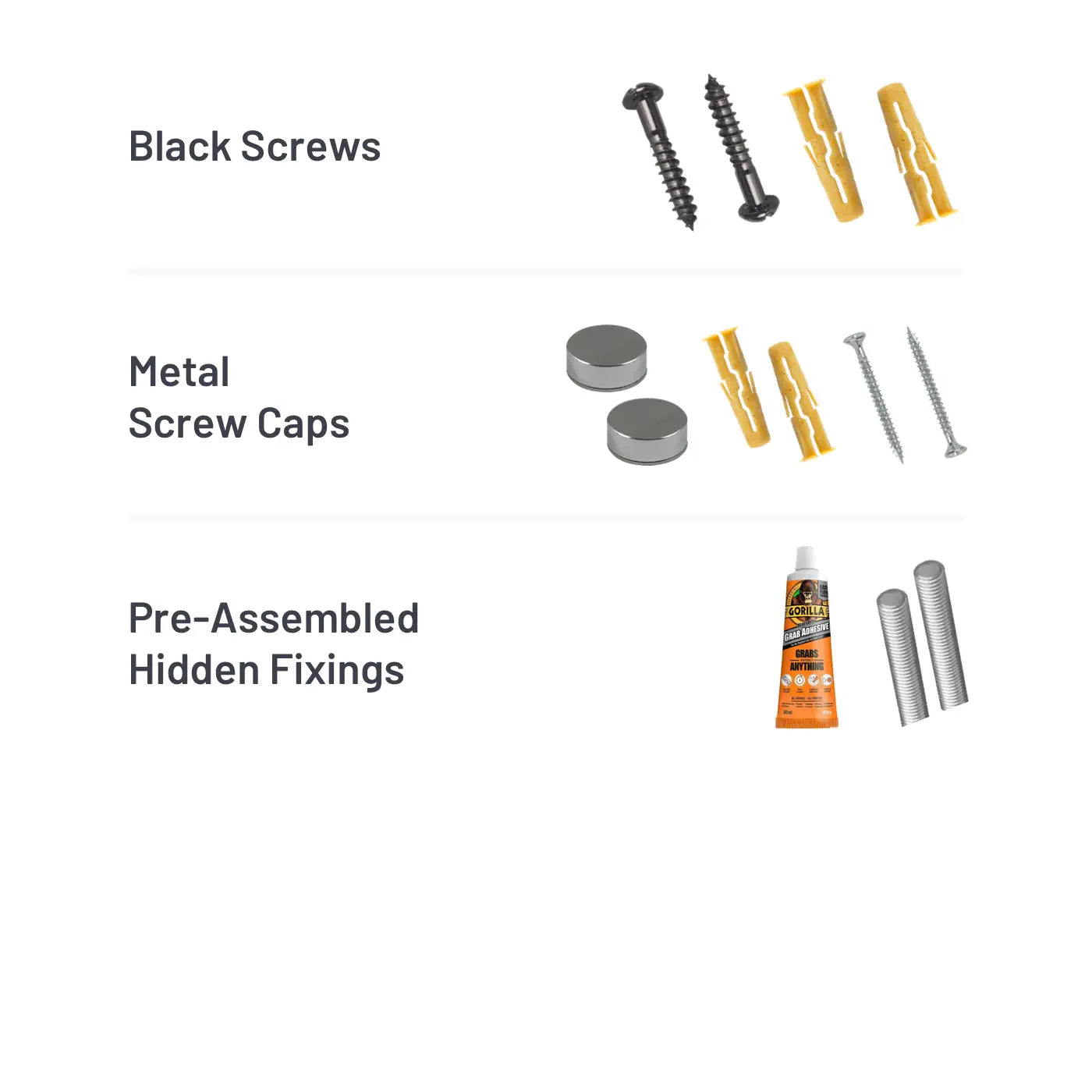 Collection of screws, screw caps, and a tube of adhesive on a white background