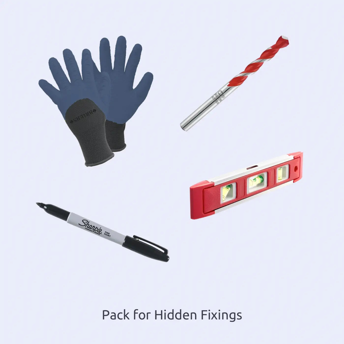 Set of tools including gloves, drill bit, marker, and level to install a house sign with