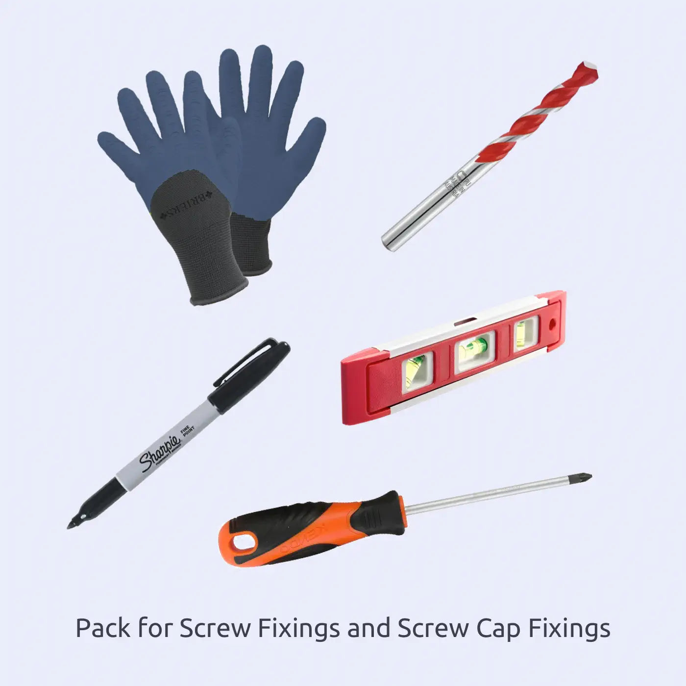 Set of tools including gloves, drill bit, marker, and level needed to install a house sign