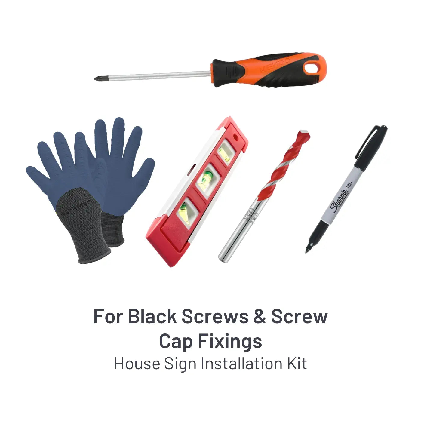 Set of tools including gloves, drill bit, marker, and level needed to install a house sign