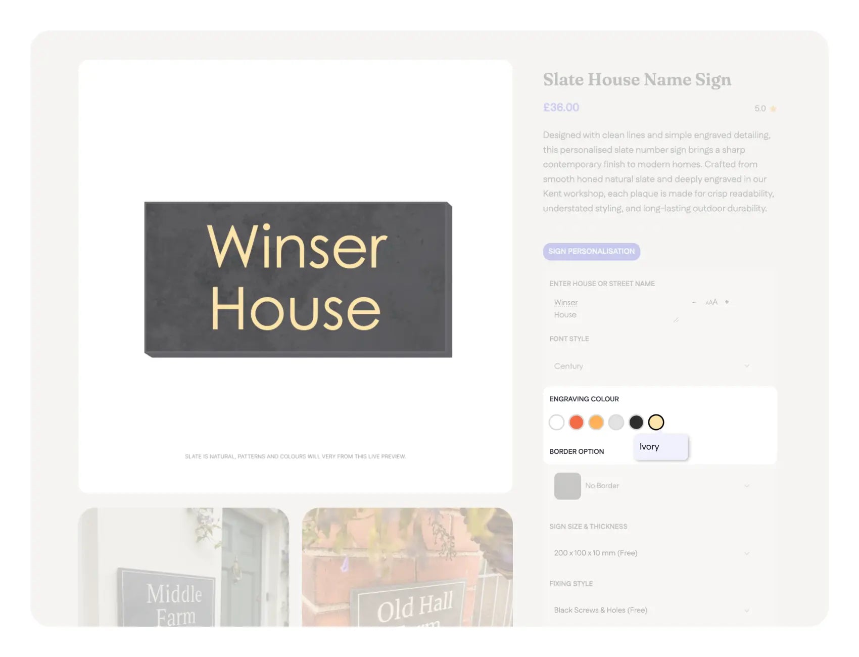 An instructional image showing a step in the process of designing a house sign online. The image features a computer screen displaying a preview of a house sign design, with options for editing text, choosing fonts, and adjusting layout settings. Specific areas on the screen are highlighted to guide the user through the customization process.
