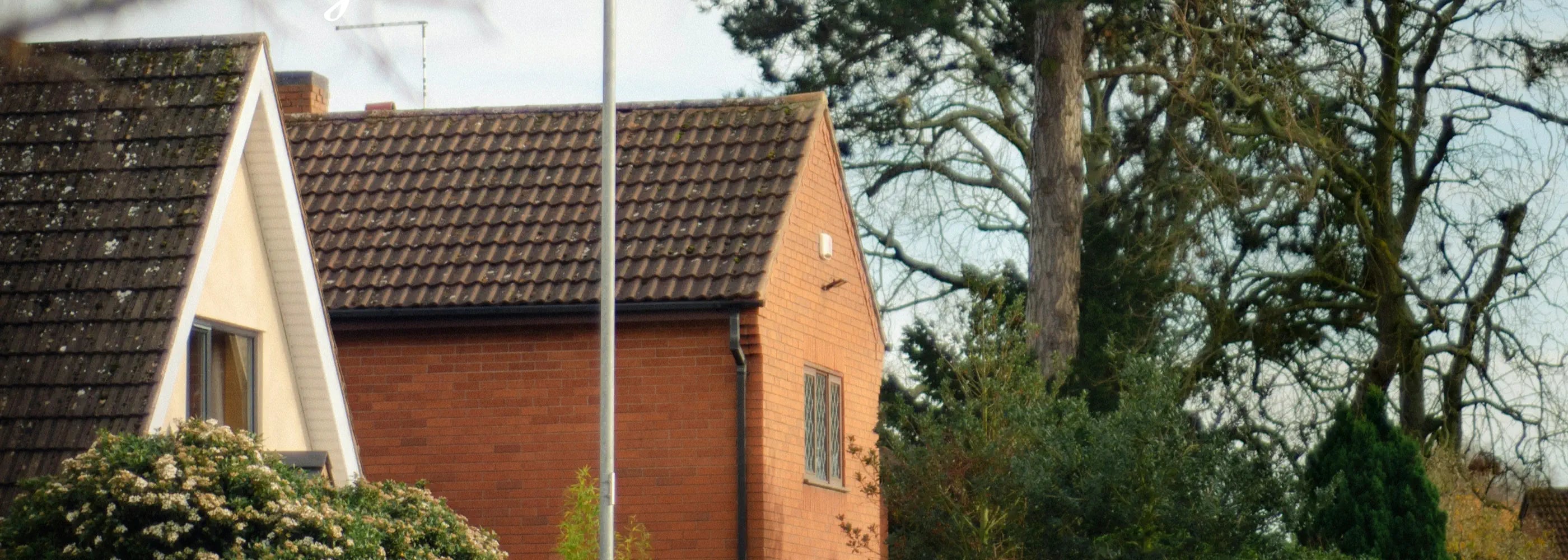 House with a flagpole in front of trees