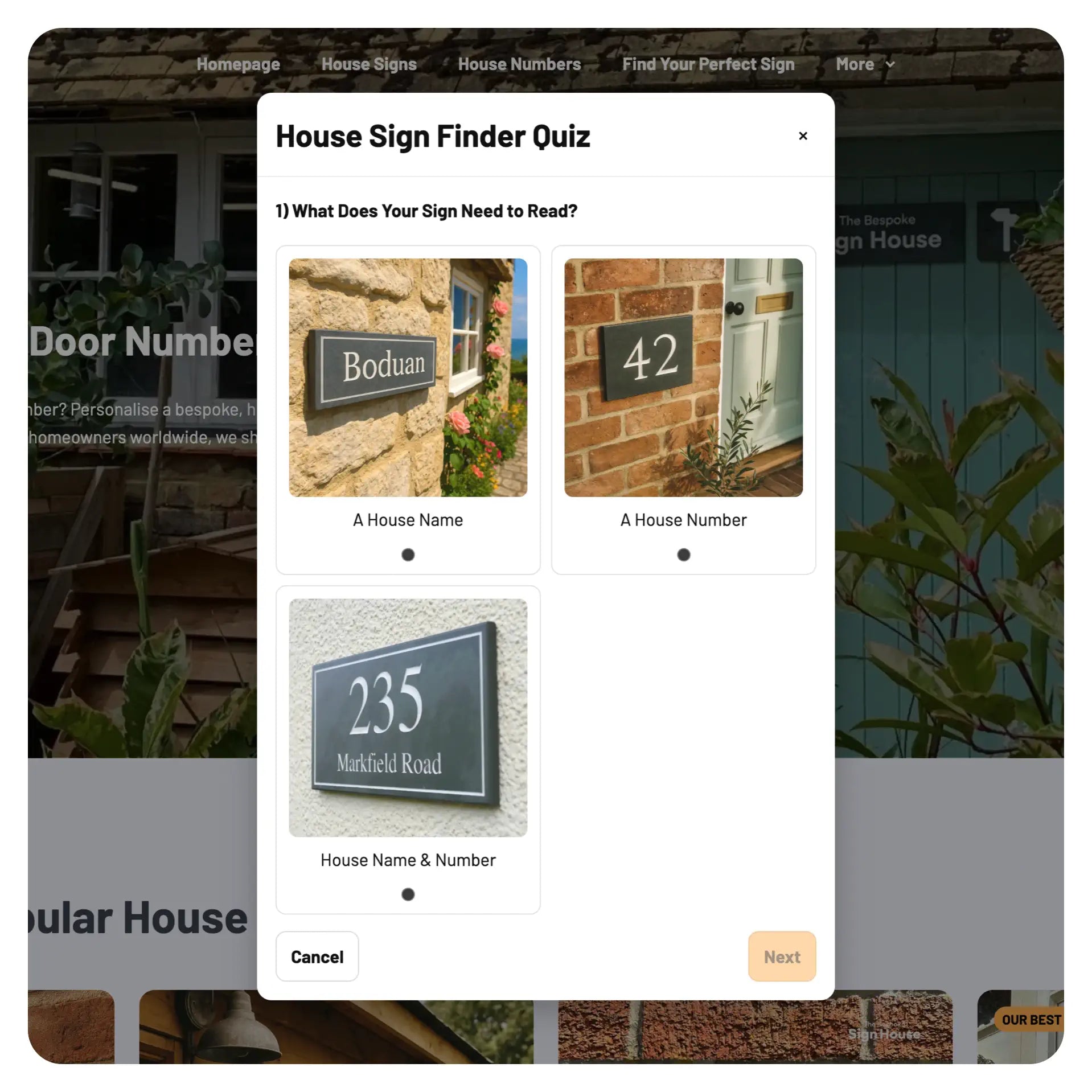 House Sign Finder Quiz on a website with options for house name, number, or name & number.