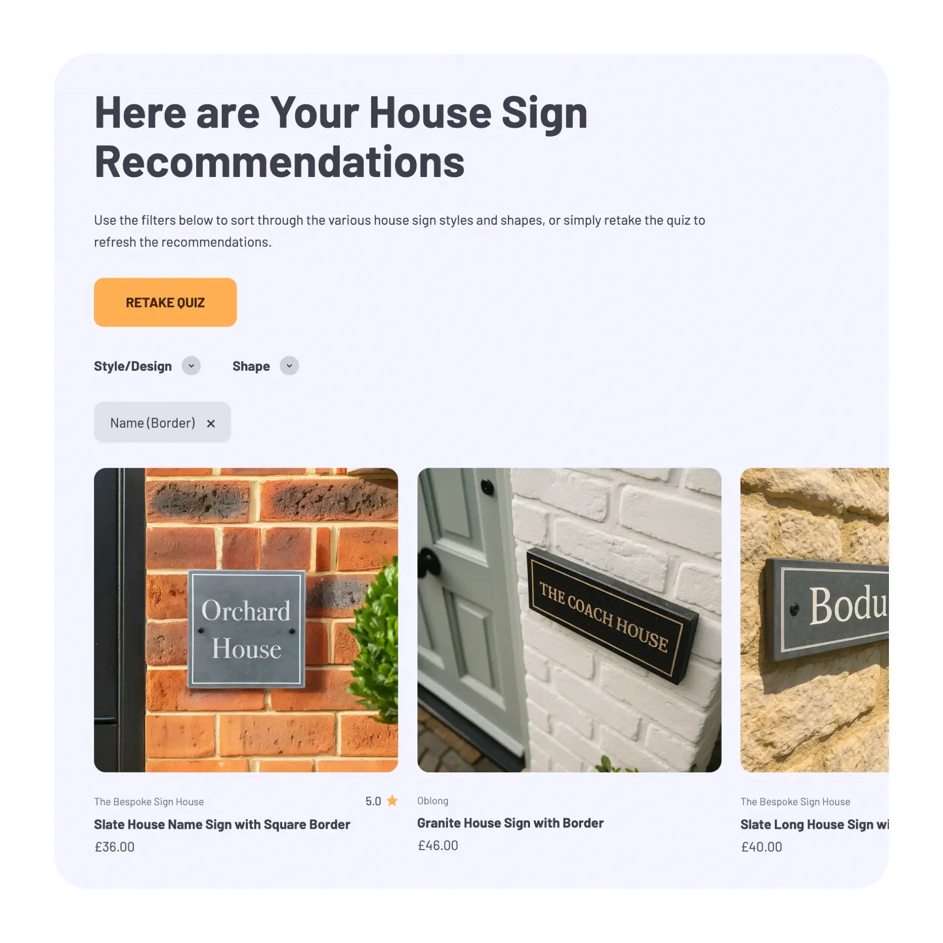House sign recommendations with images and prices on a website interface.