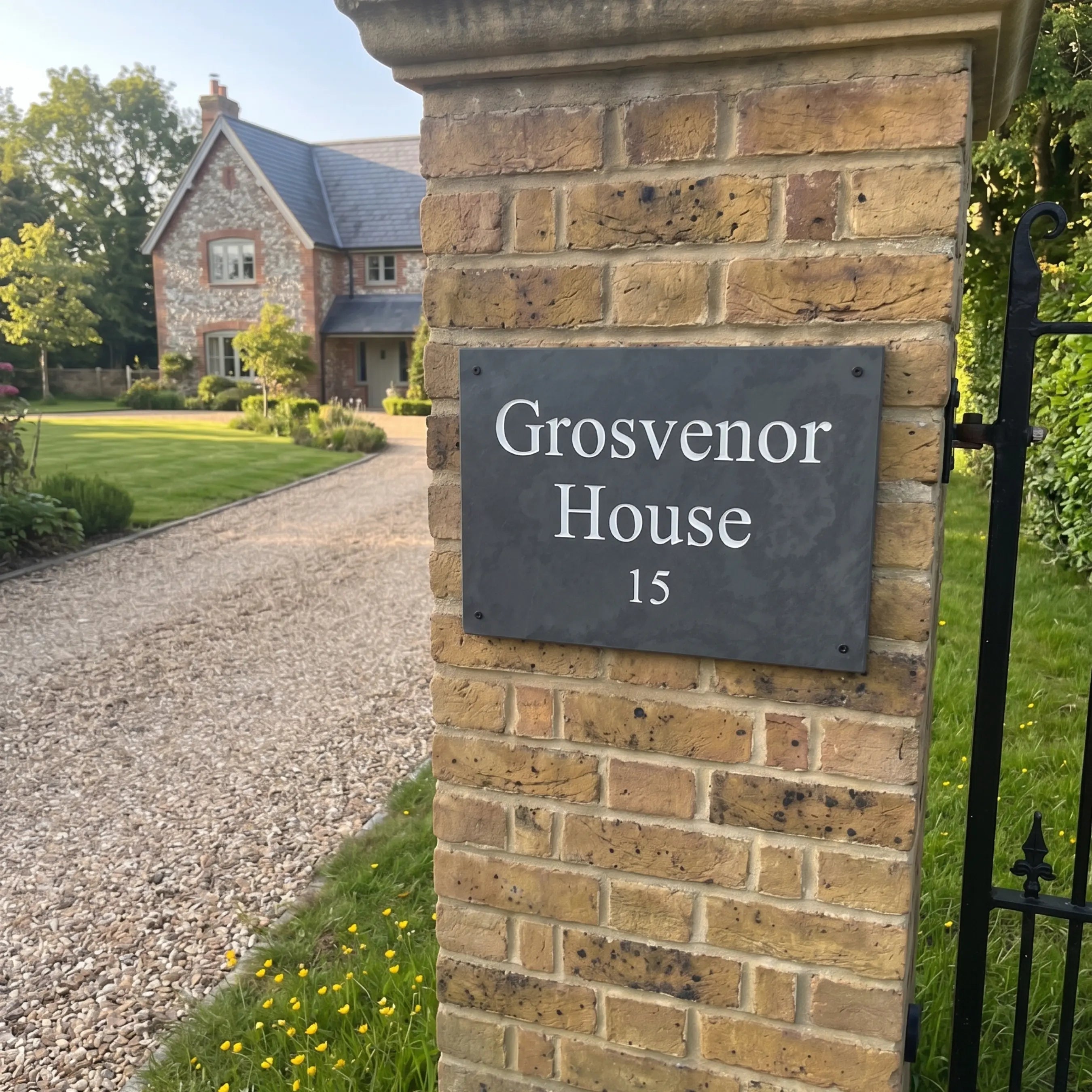 House sign on a brick wall with 'Grosvenor House 15' text