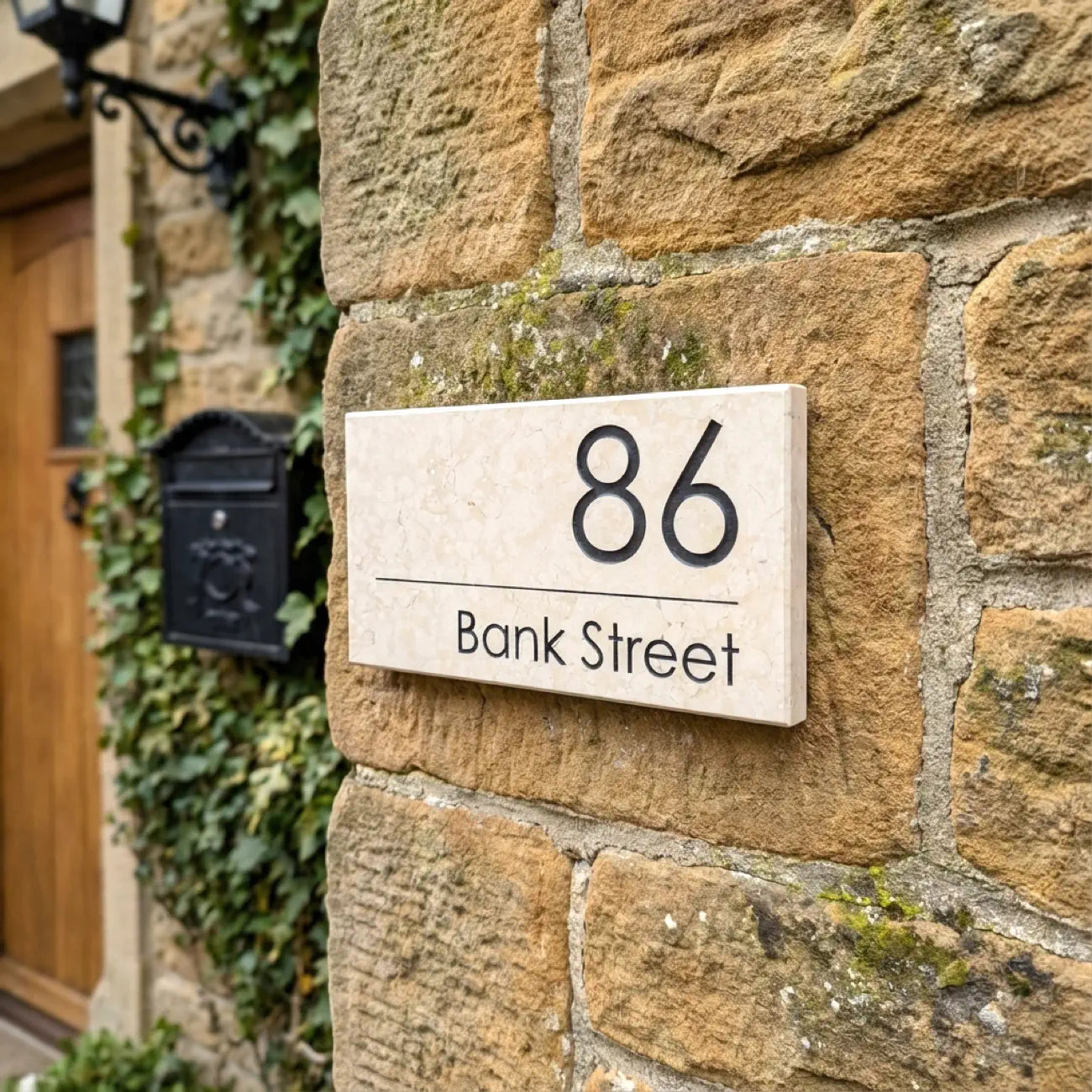 House number 86 Bank Street on a stone wall with a wooden door and mailbox in the background.