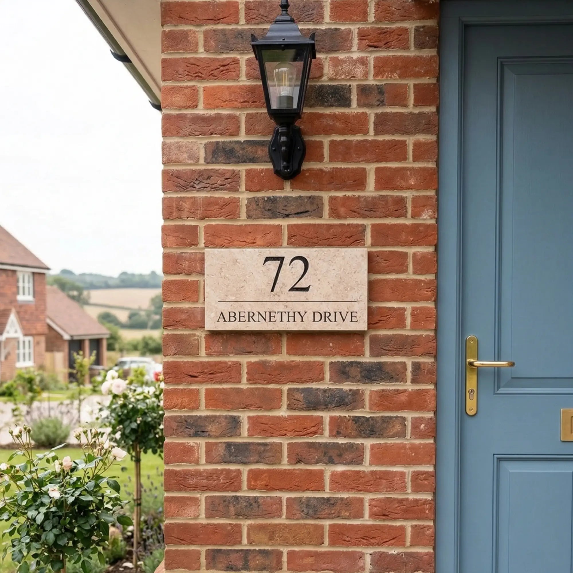 House number 86 Bank Street on a stone wall with a wooden door and mailbox in the background.
