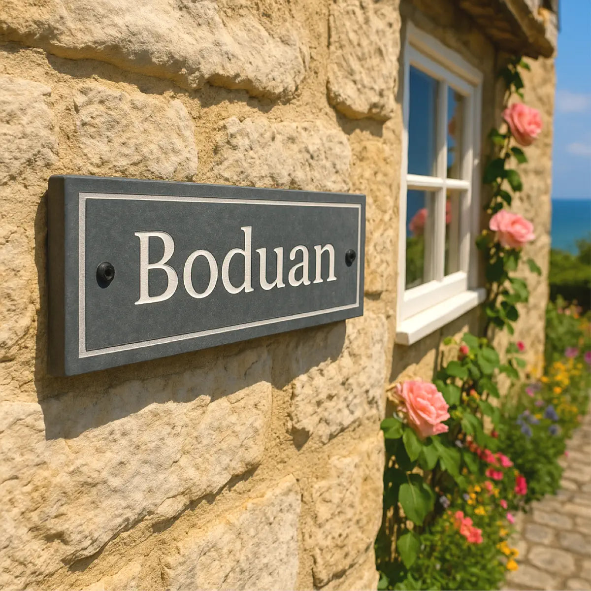 Slate house sign reading “Boduan” mounted on a stone wall beside a cottage with roses.