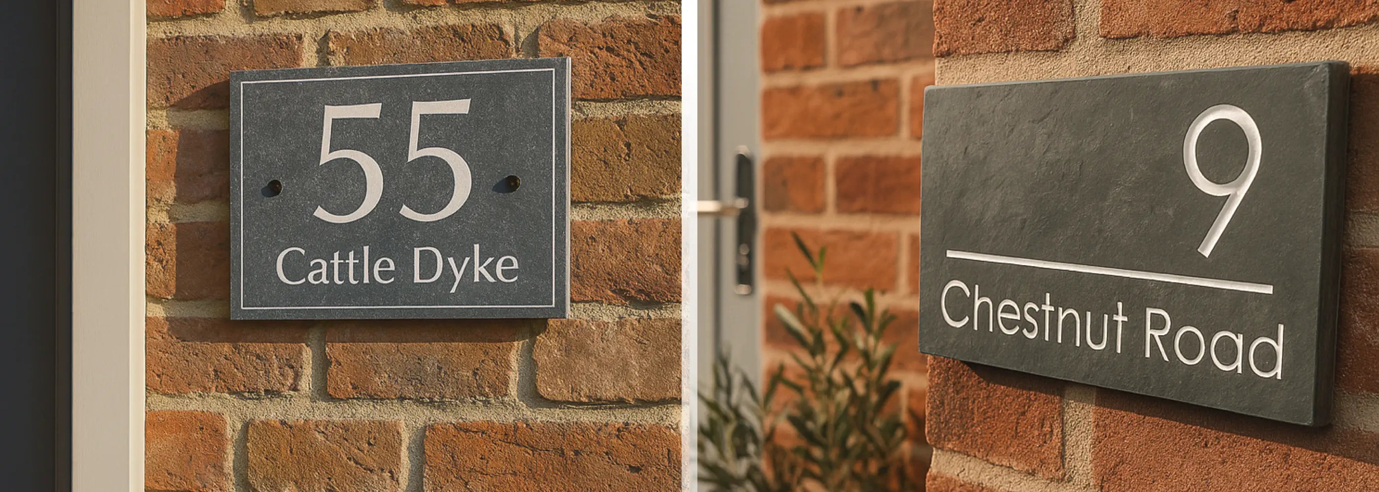 Two house number signs on a brick wall, one reading '55 Cattle Dyke' and the other '9 Chestnut Road'.