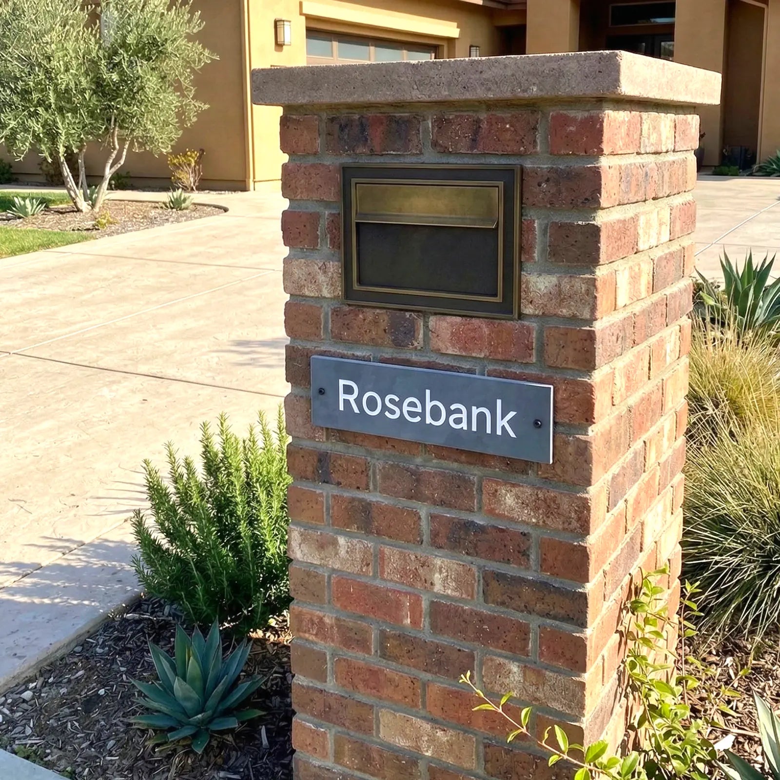 Brick mailbox post with 'Rosebank' sign in front of a house