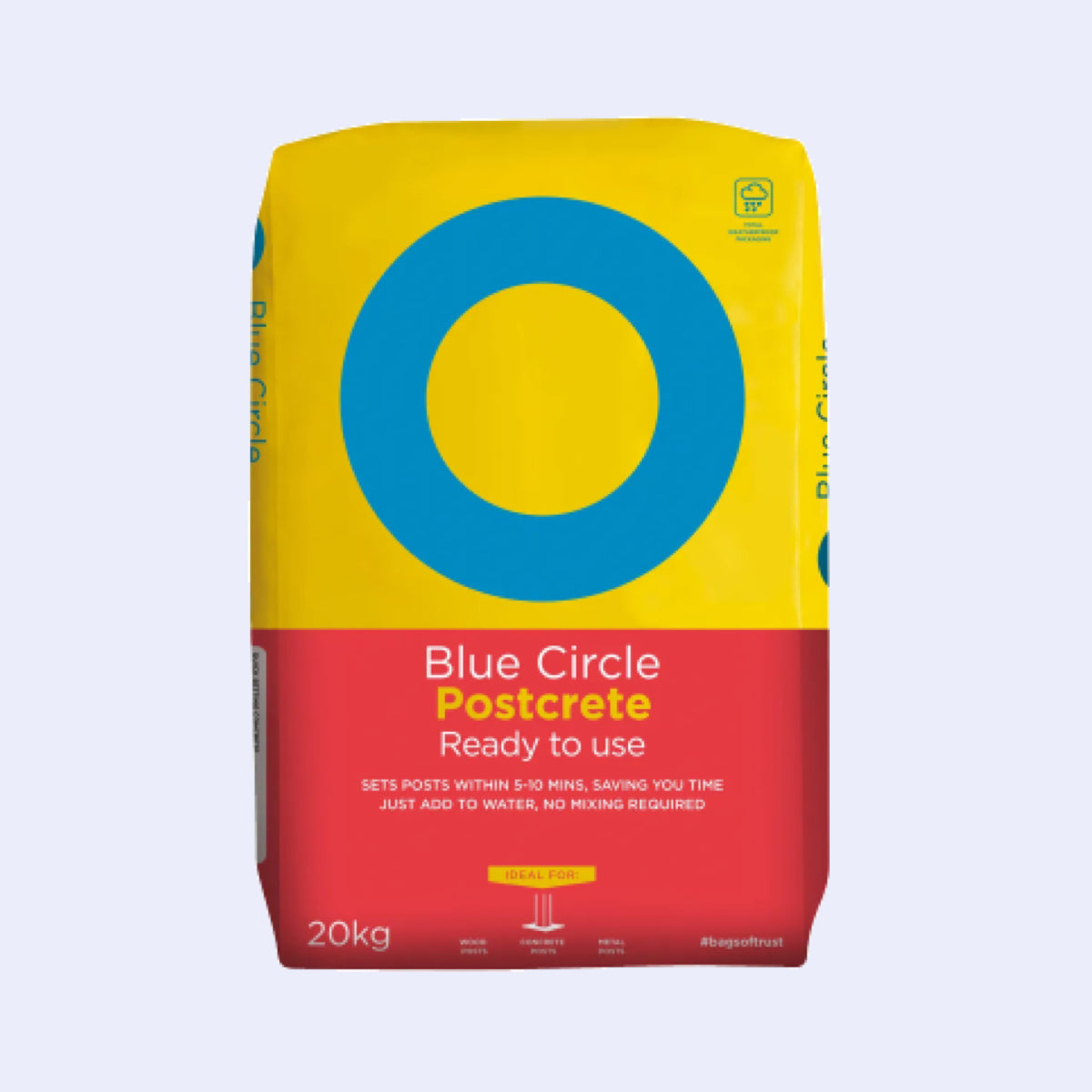 Bag of Blue Circle Postcrete on a light blue background