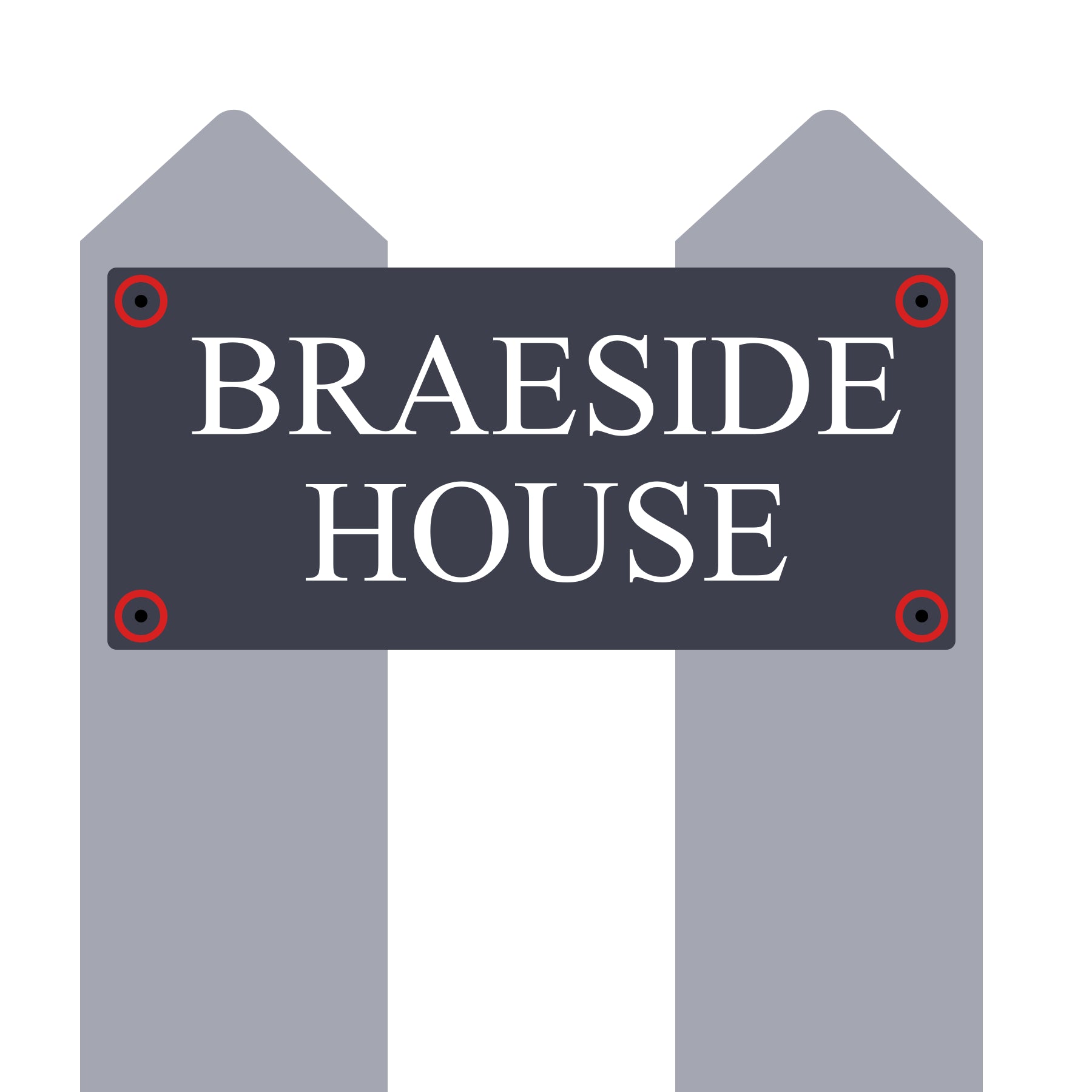 House sign with 'Braeside House' text with fixing screw holes circled
