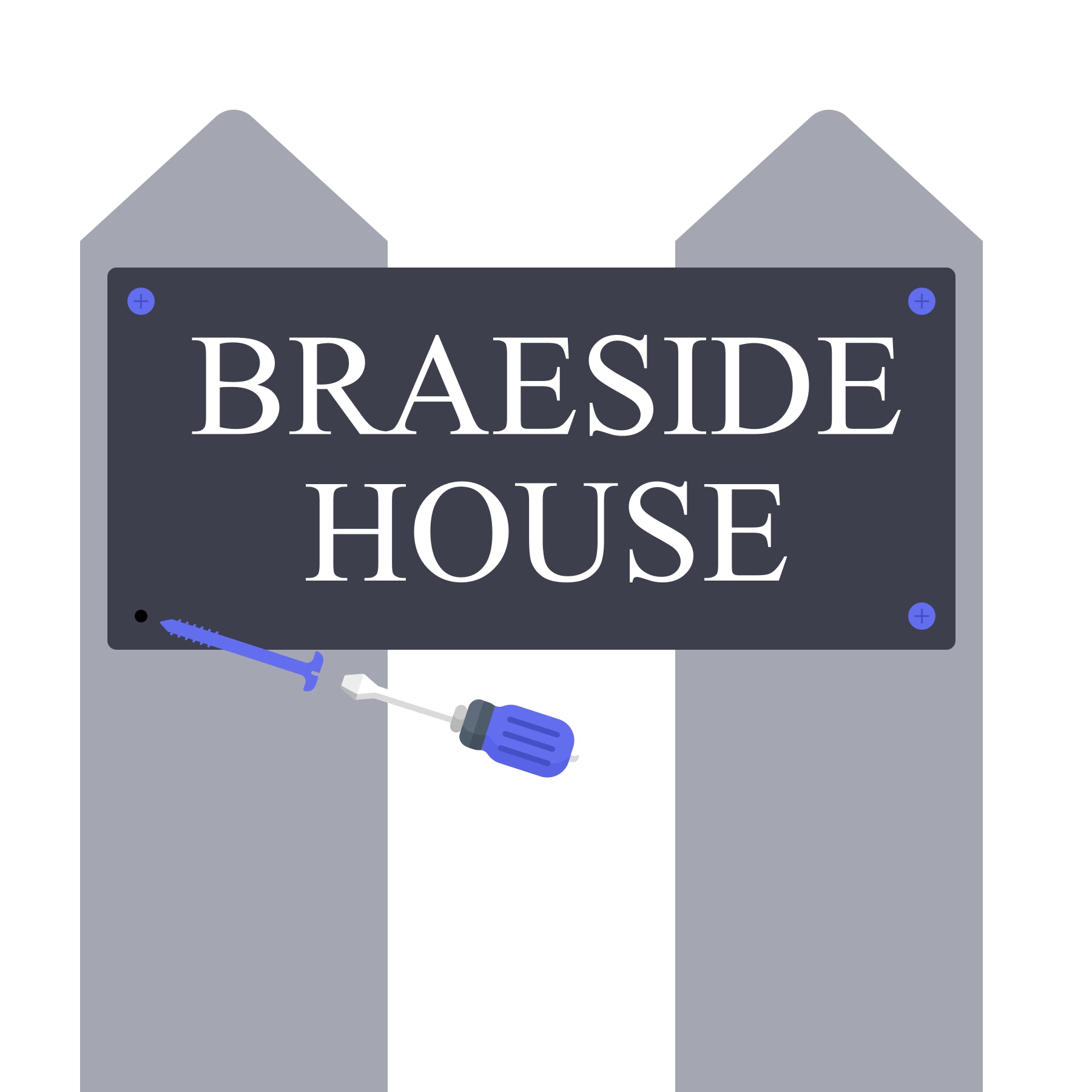 Wooden sign posts with a slate house sign fitted reading 'Braeside House' text