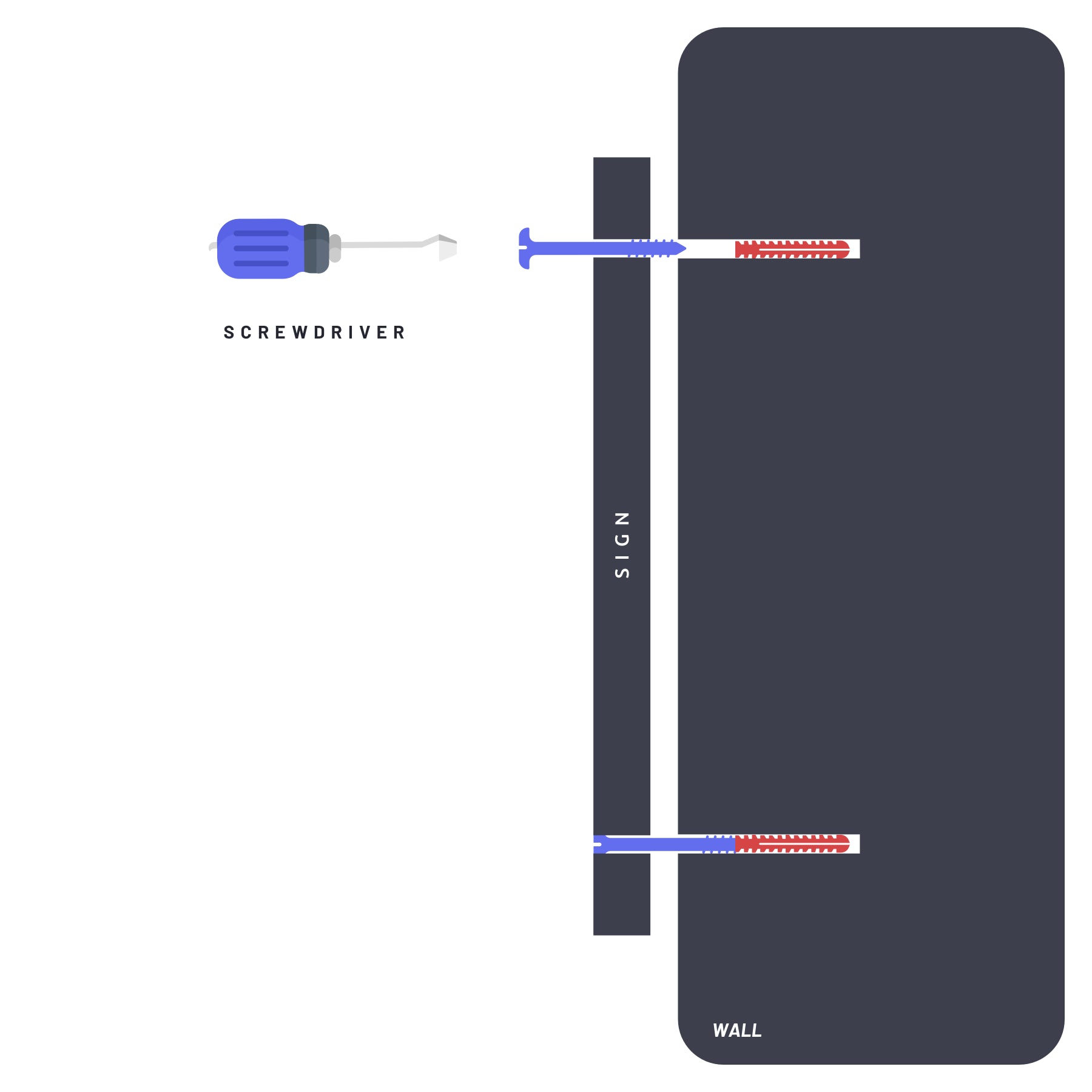 Simple instructions for installing a screw fixing: showing a hand holding a screw and aligning it with a hole in a panel, then using a screwdriver to secure the screw in place.