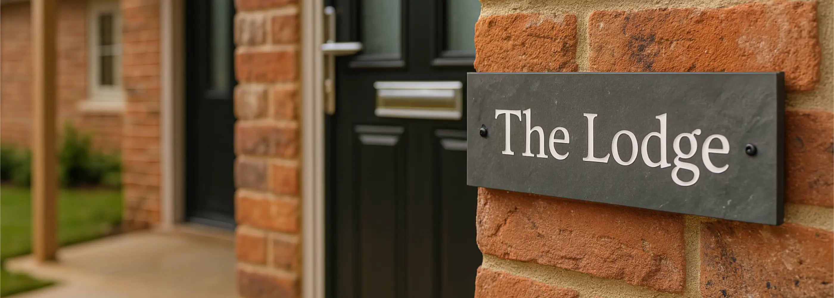 Brick building with a black door and 'The Lodge' sign.