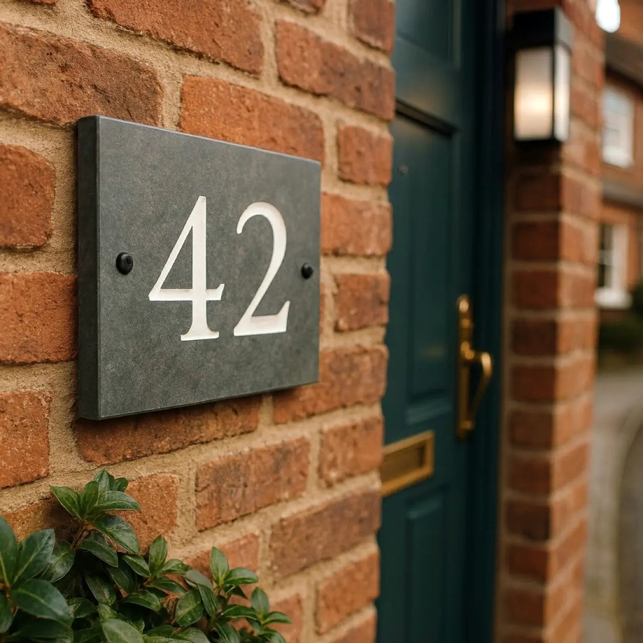 House number '42' on a brick wall next to a door with a plant in the foreground.