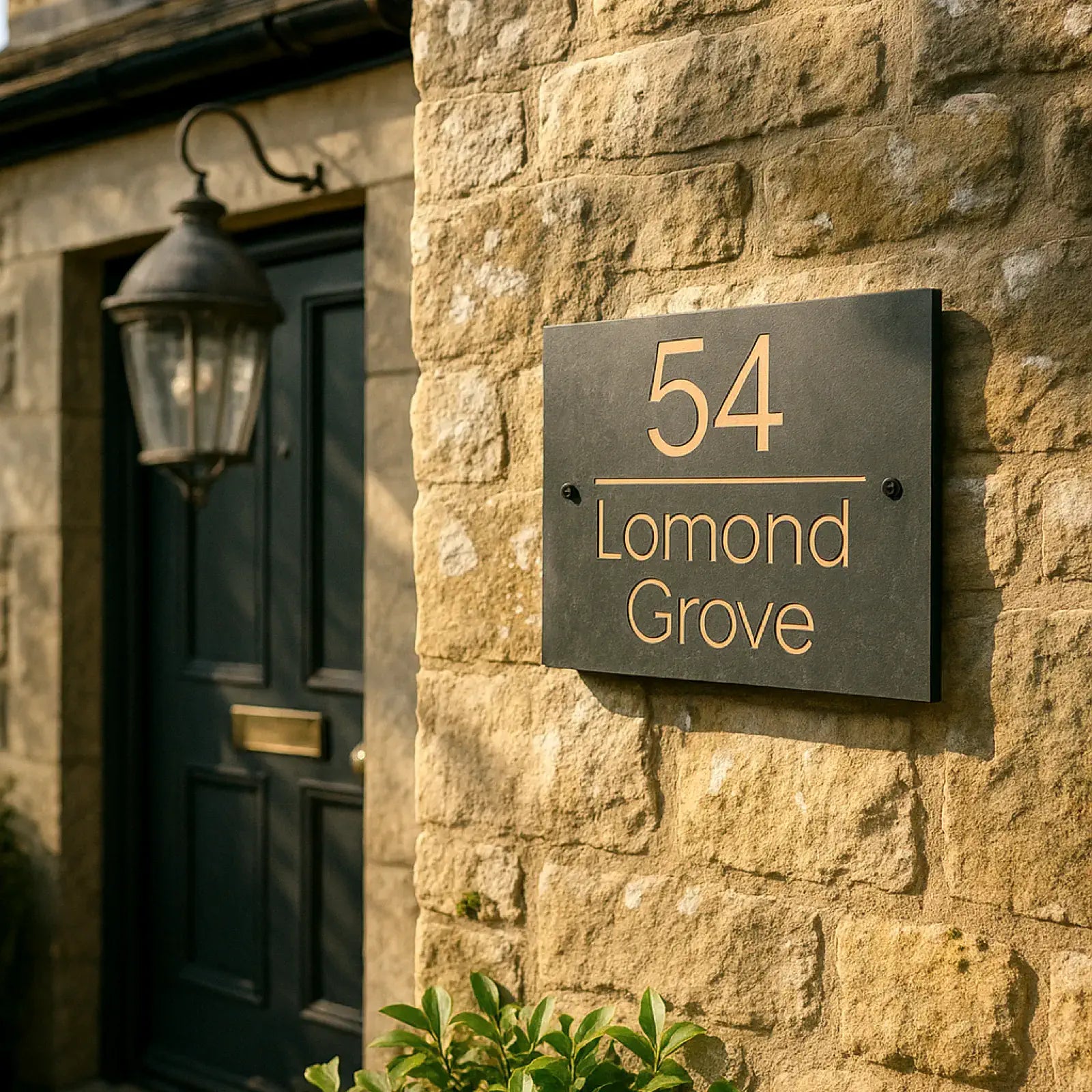 House number sign '54 Lomond Grove' on a brick wall, with 'The Sign House' branding.
