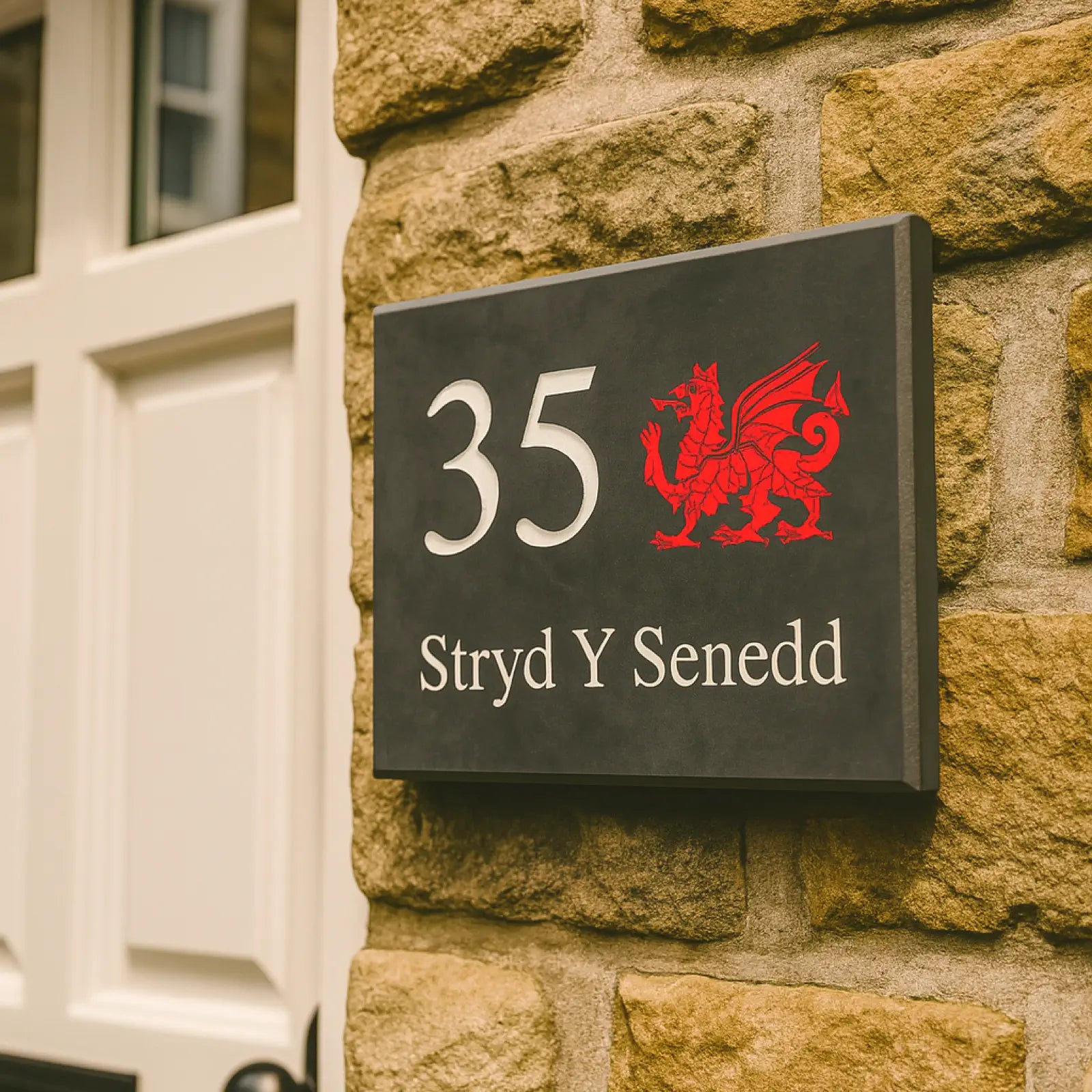 House number sign with red dragon emblem and text on a stone background